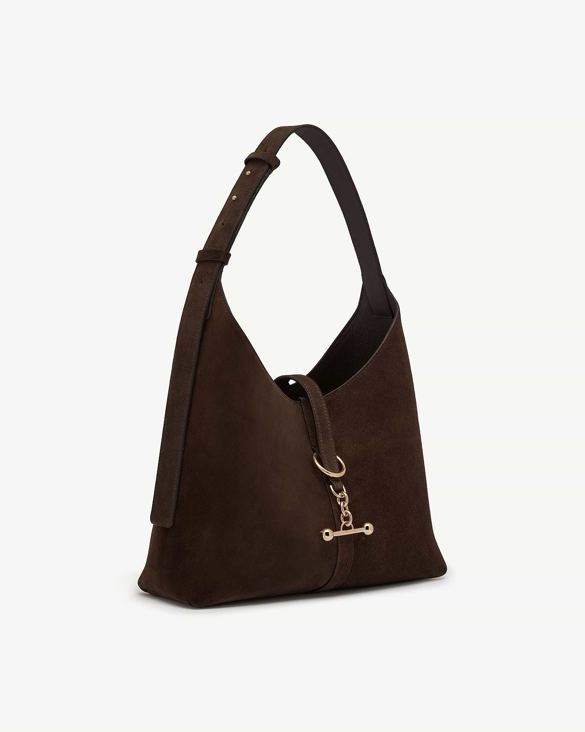 Chocolate suede Kite Hobo bag with adjustable shoulder strap and gold toggle hardware.