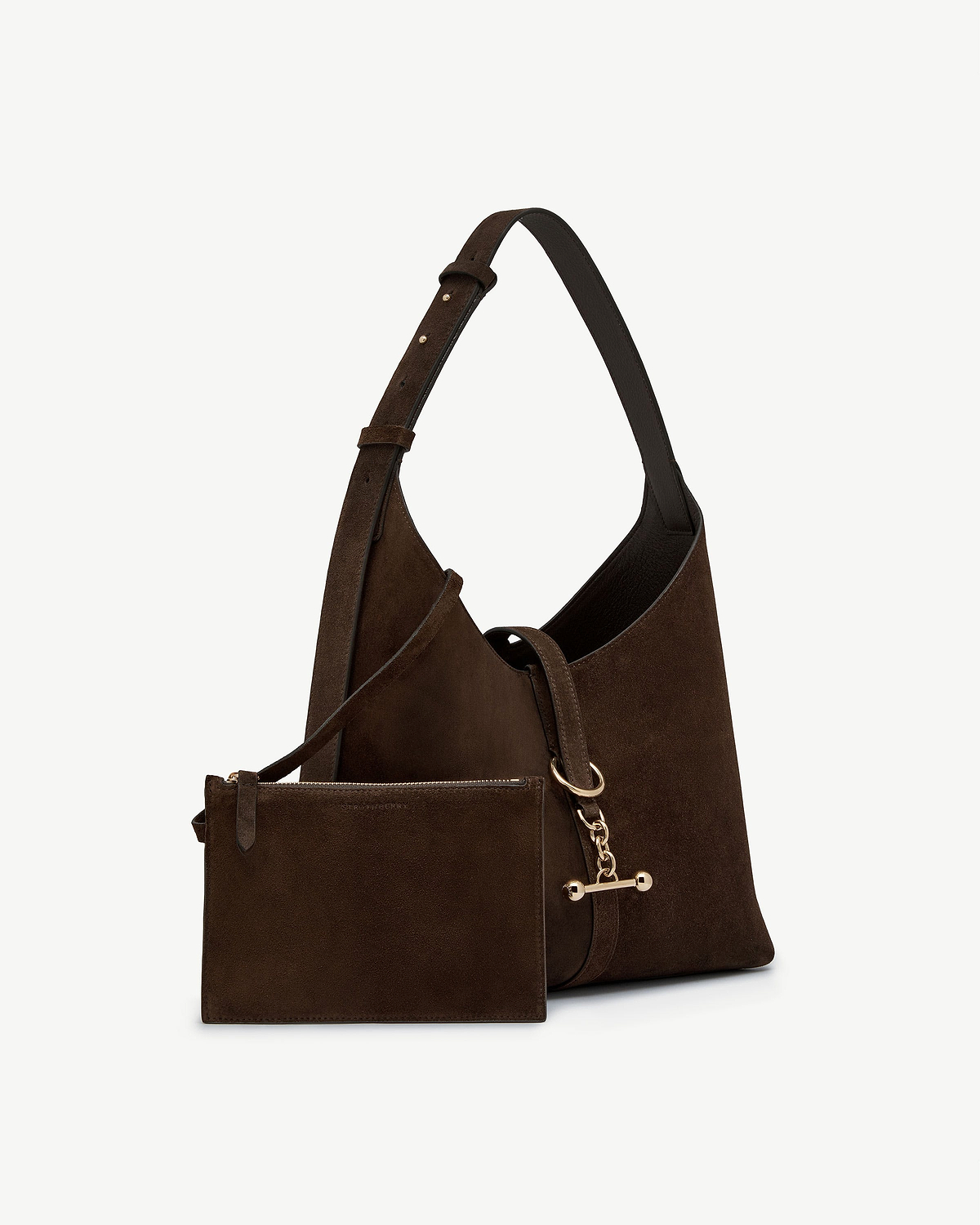 Strathberry chocolate suede kite hobo bag with matching pouch and gold chain hardware.