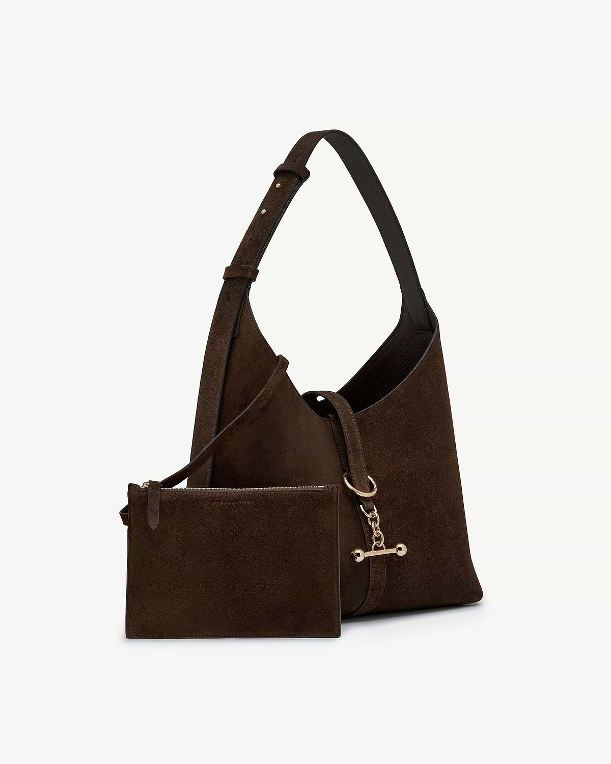Strathberry chocolate suede kite hobo bag with matching pouch and gold chain hardware.