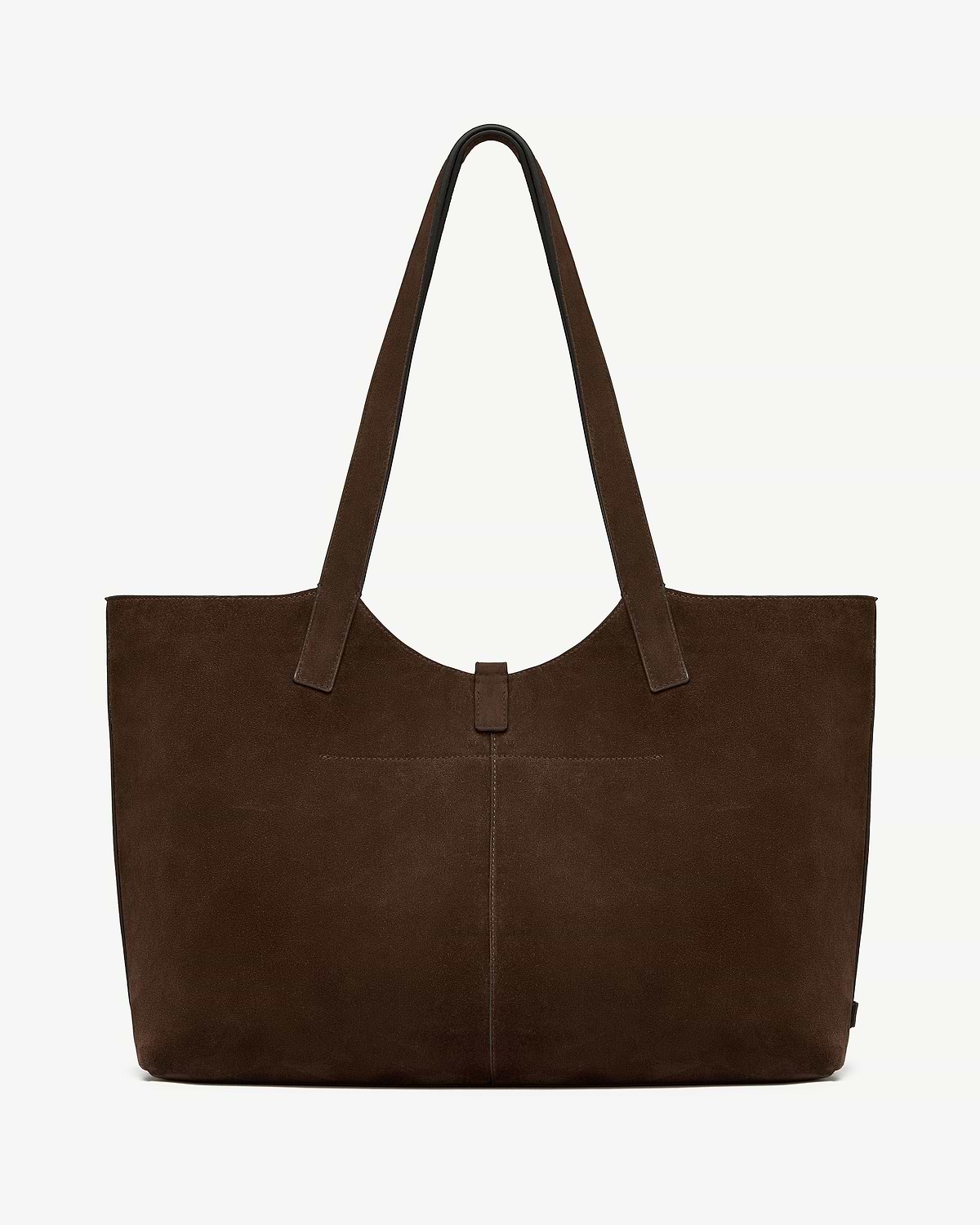 Chocolate suede kite tote with long straps and top tab fastening