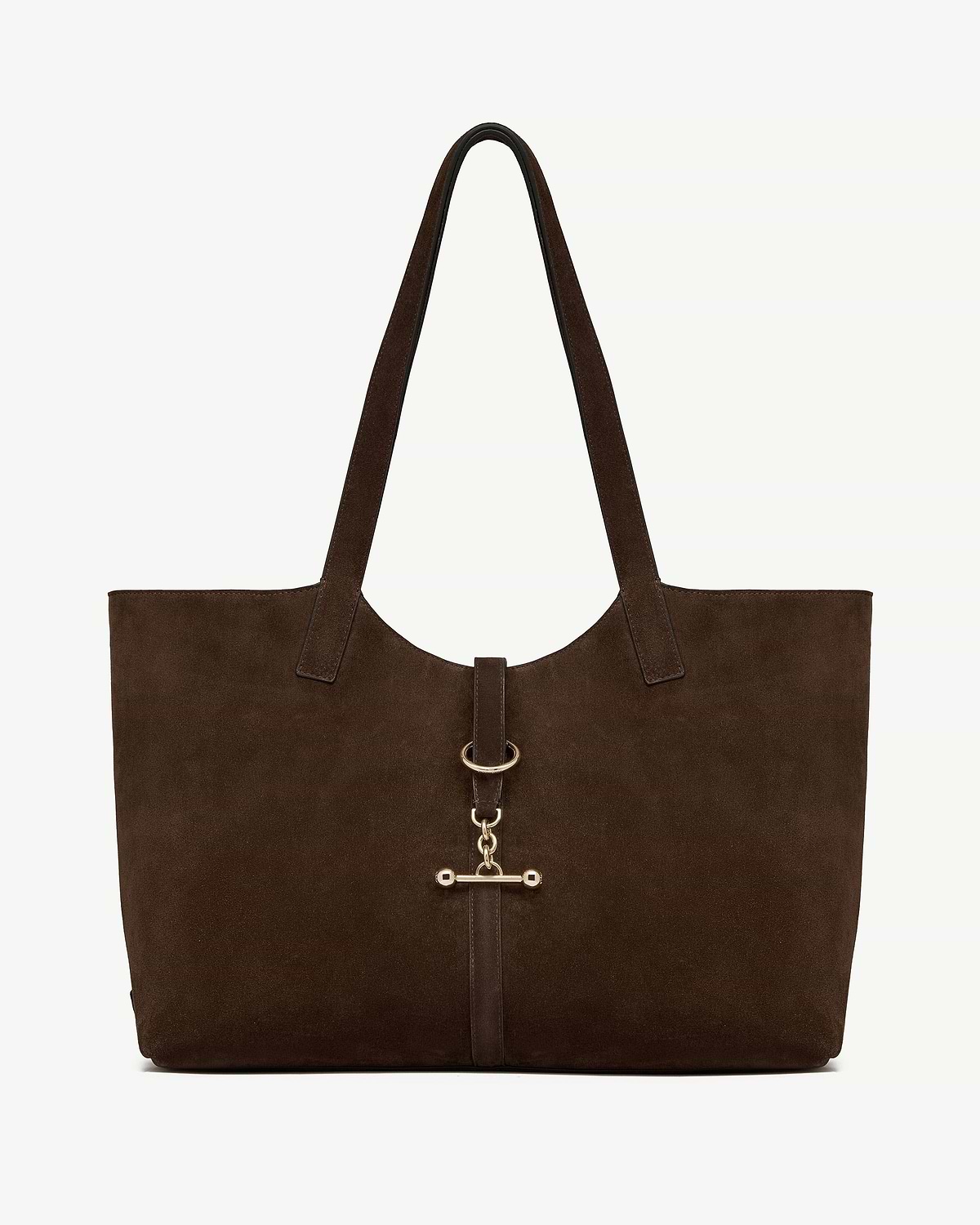 Chocolate suede Kite tote with long handles and gold T-bar hardware.