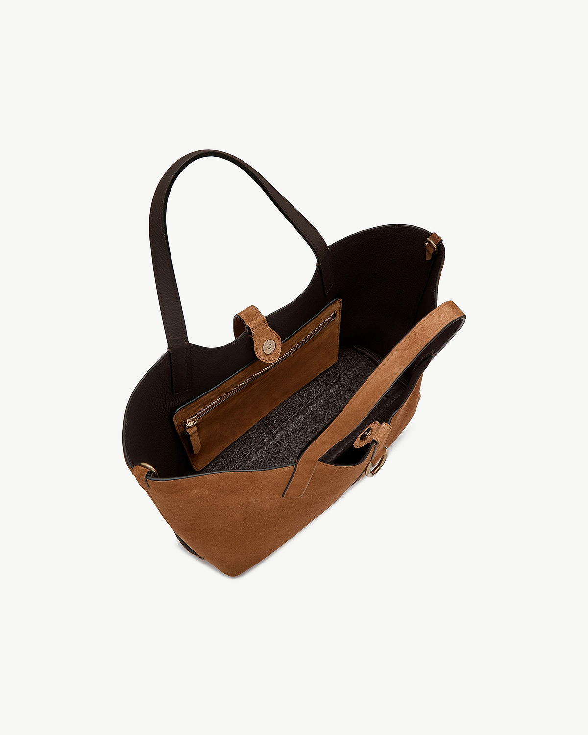 Tan suede Kite Tote Midi shown from above with open interior and handles.