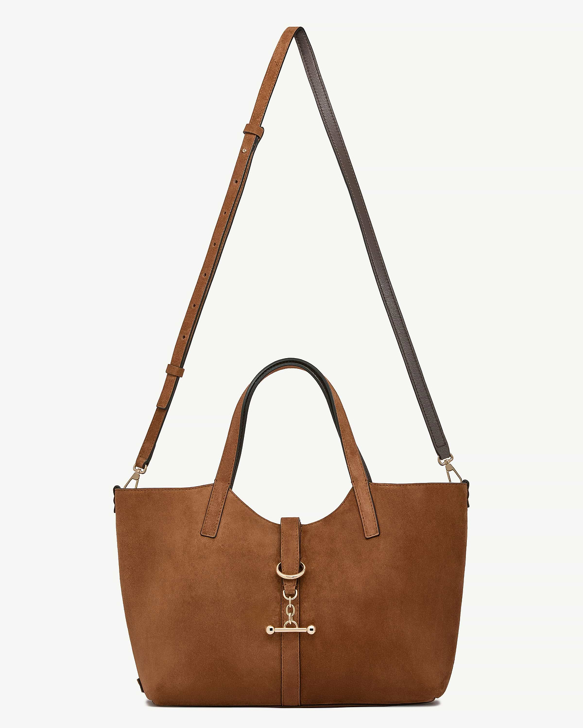 Tan suede tote with top handles, detachable shoulder strap and gold toggle closure.