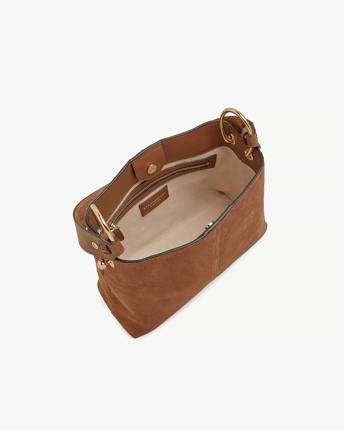Tan suede Strathberry Lana hobo bag showing interior, zip pocket and gold hardware.
