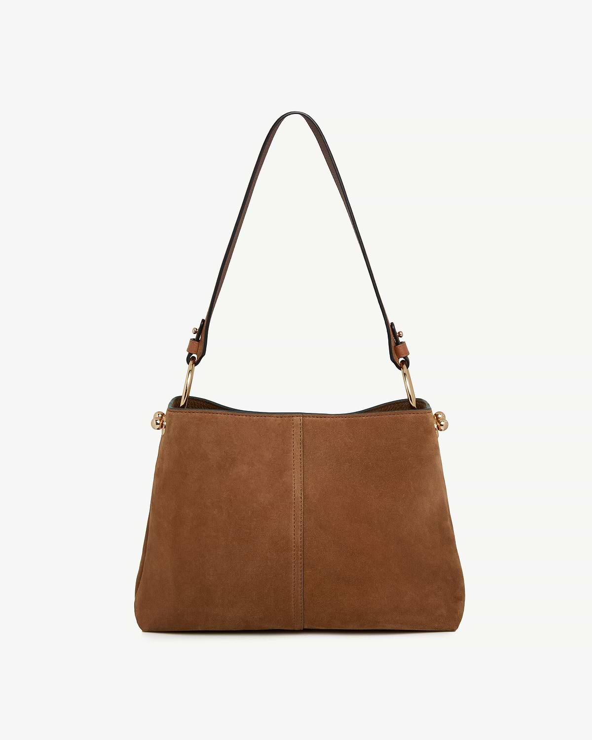 Tan suede hobo bag with single shoulder strap and gold ring fittings.
