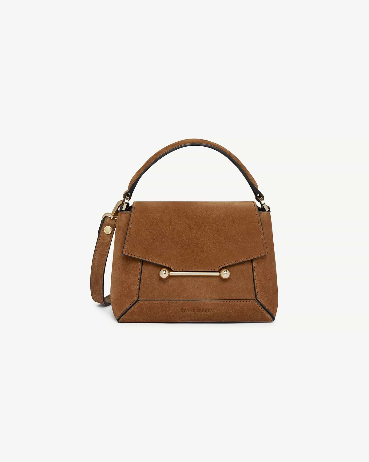 Strathberry Mosaic Nano tan suede mini top-handle bag with gold bar detail.