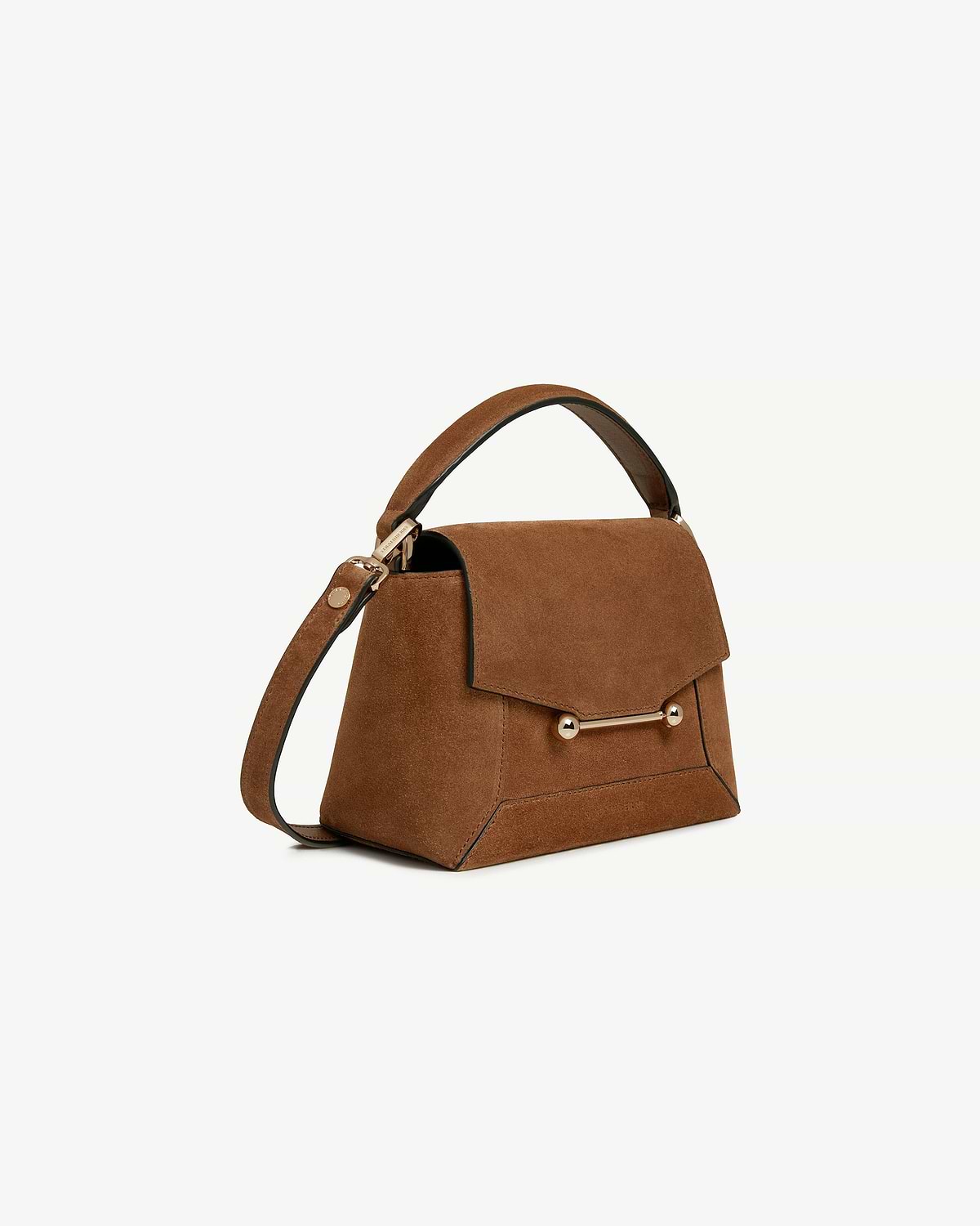 Tan suede Mosaic Nano bag with top handle, shoulder strap and gold bar.