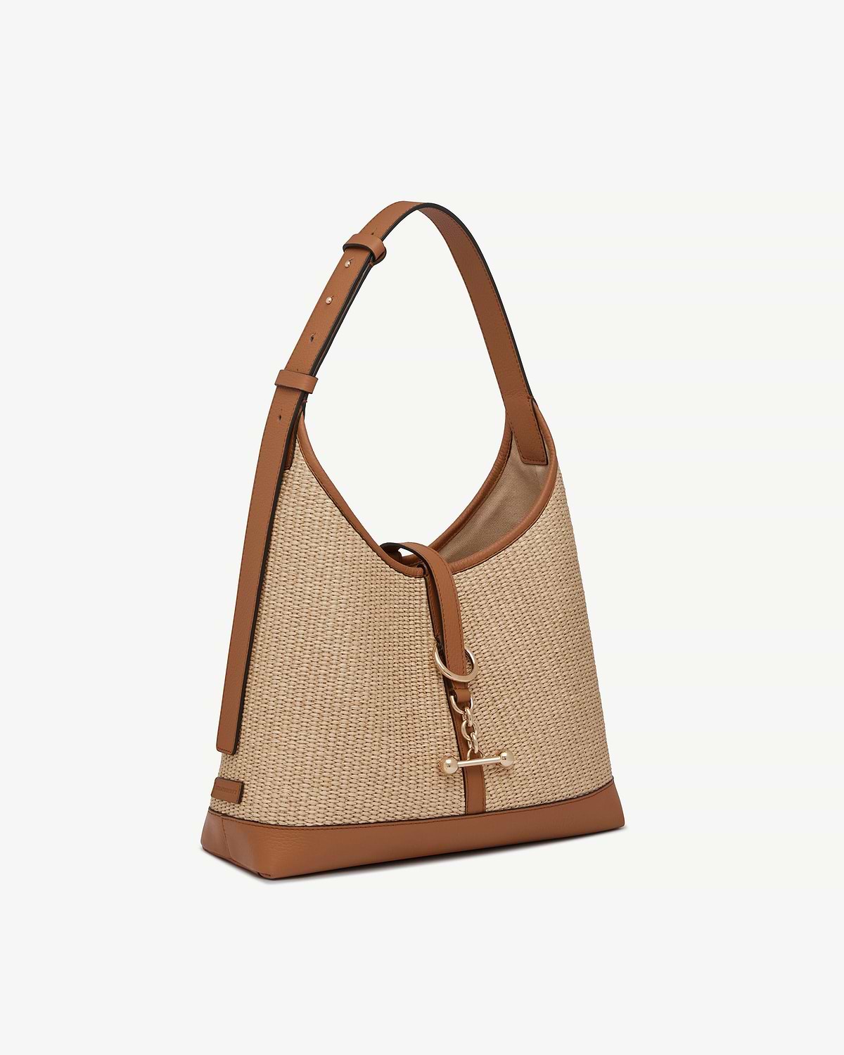 Tan and natural raffia kite hobo bag with leather trim and gold hardware.
