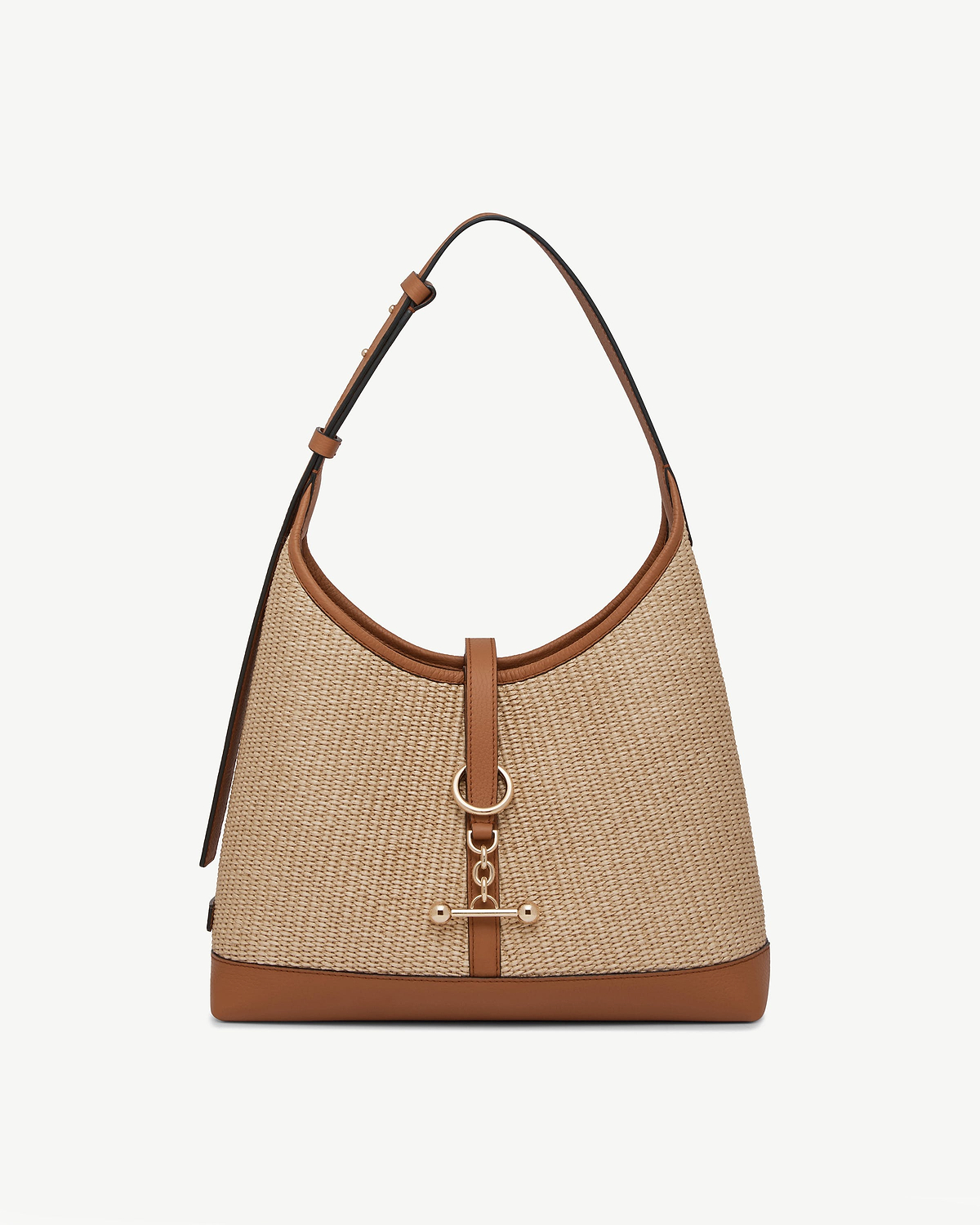 Tan and natural raffia hobo bag with tan leather trim and gold-tone hardware.