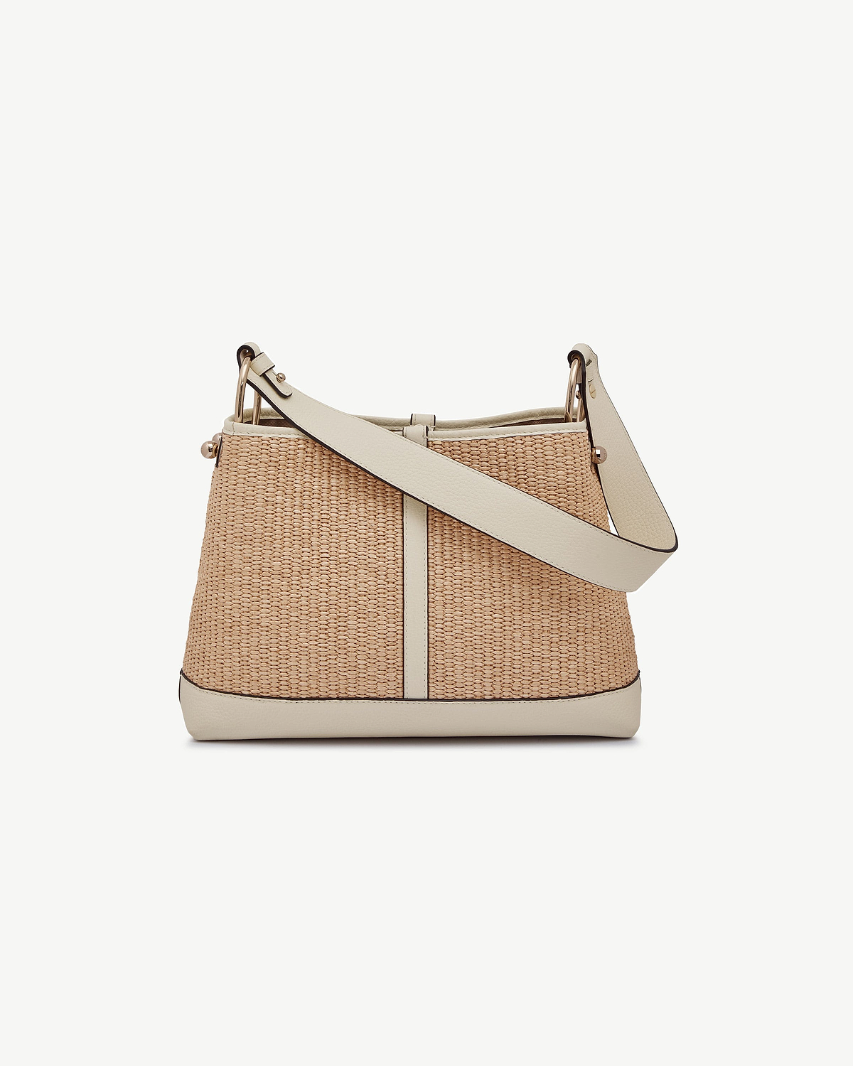 Vanilla leather‑trimmed raffia hobo bag with wide strap and gold hardware