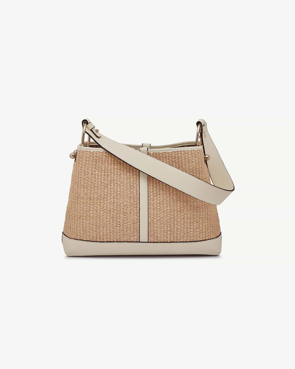 Vanilla leather‑trimmed raffia hobo bag with wide strap and gold hardware