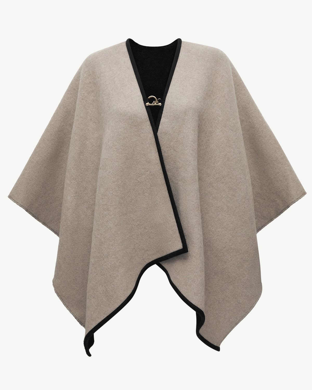 Otter and black woven cape with black trim and gold front clasp.