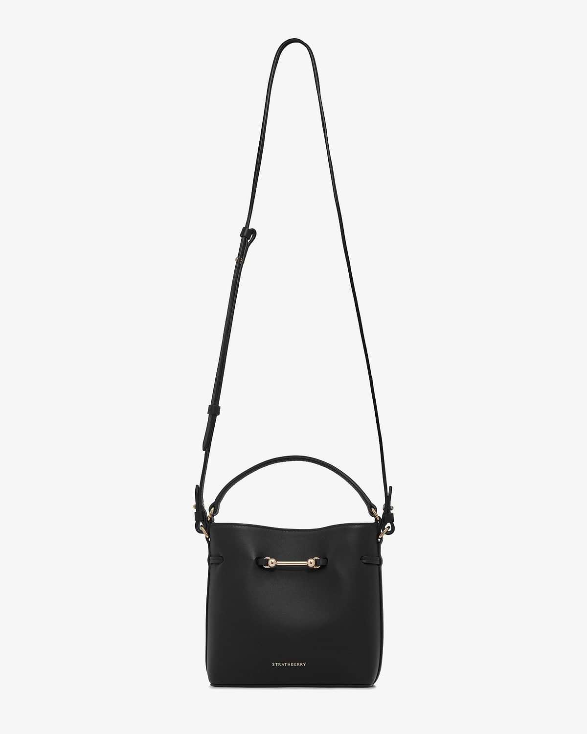 Strathberry Corda Bucket Mini black leather bucket bag with gold hardware and adjustable shoulder strap