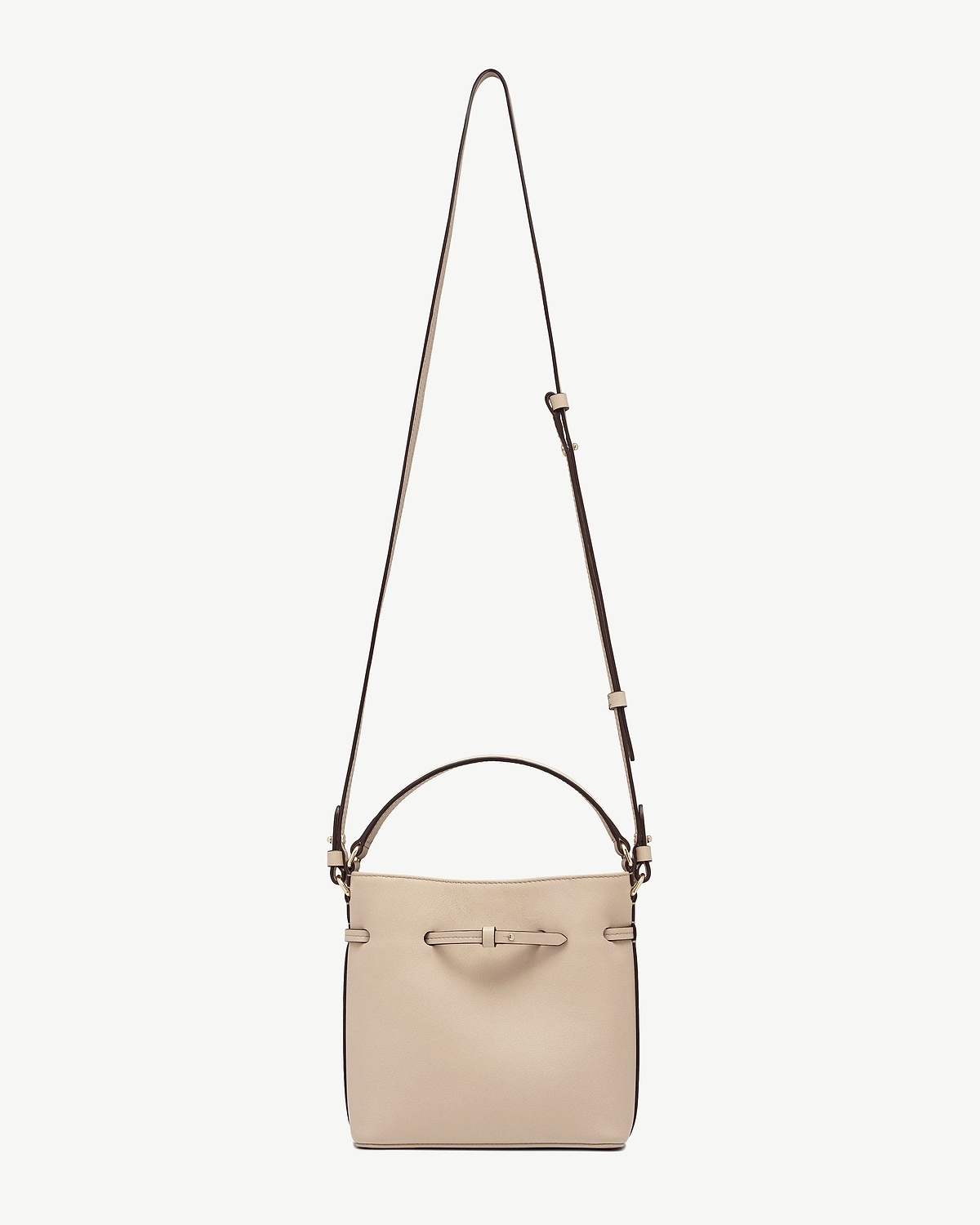 Oat-coloured mini bucket bag with adjustable shoulder strap and small top handle