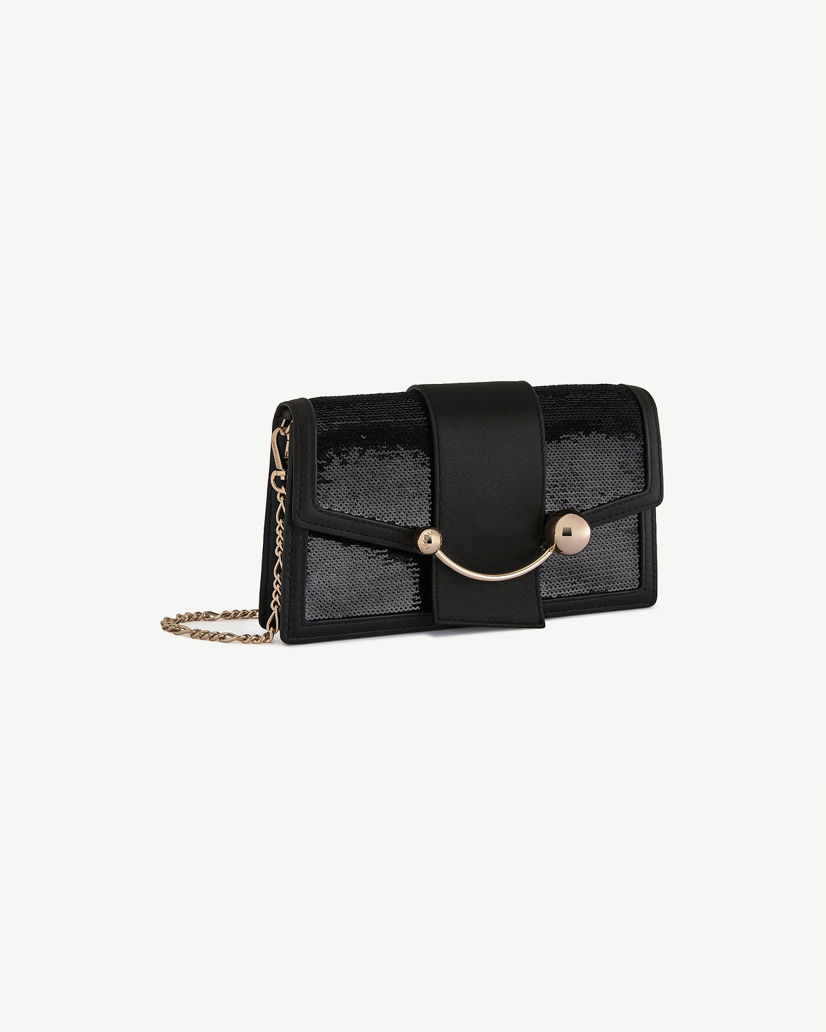 Black sequin crescent bag with gold crescent hardware and chain strap.