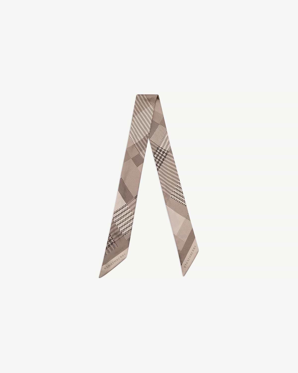 Oat tartan silk skinny scarf folded into a V, Strathberry logo near tip.