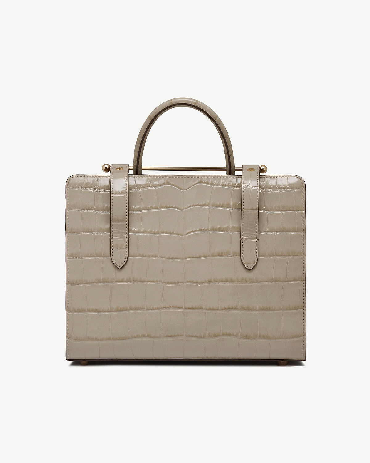 Beige croc-effect midi tote with top handles and gold bar detail.
