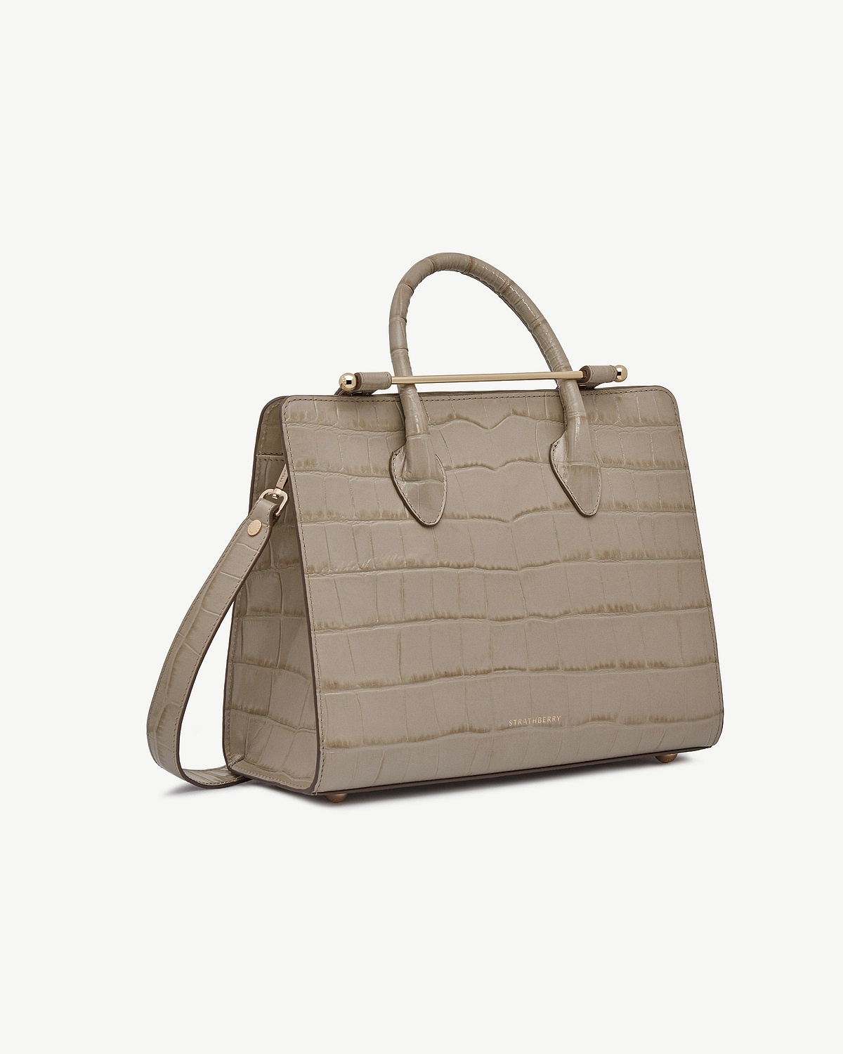 Strathberry croc-embossed midi tote with top handles and detachable shoulder strap.