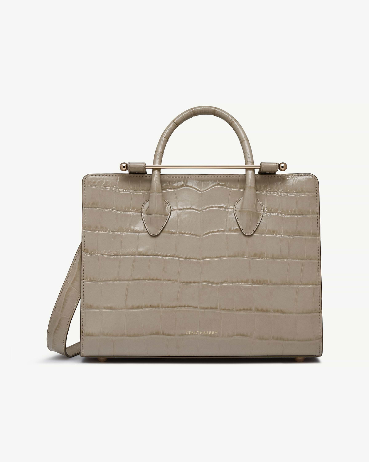 Strathberry midi tote in croc-embossed beige leather with top handles and shoulder strap