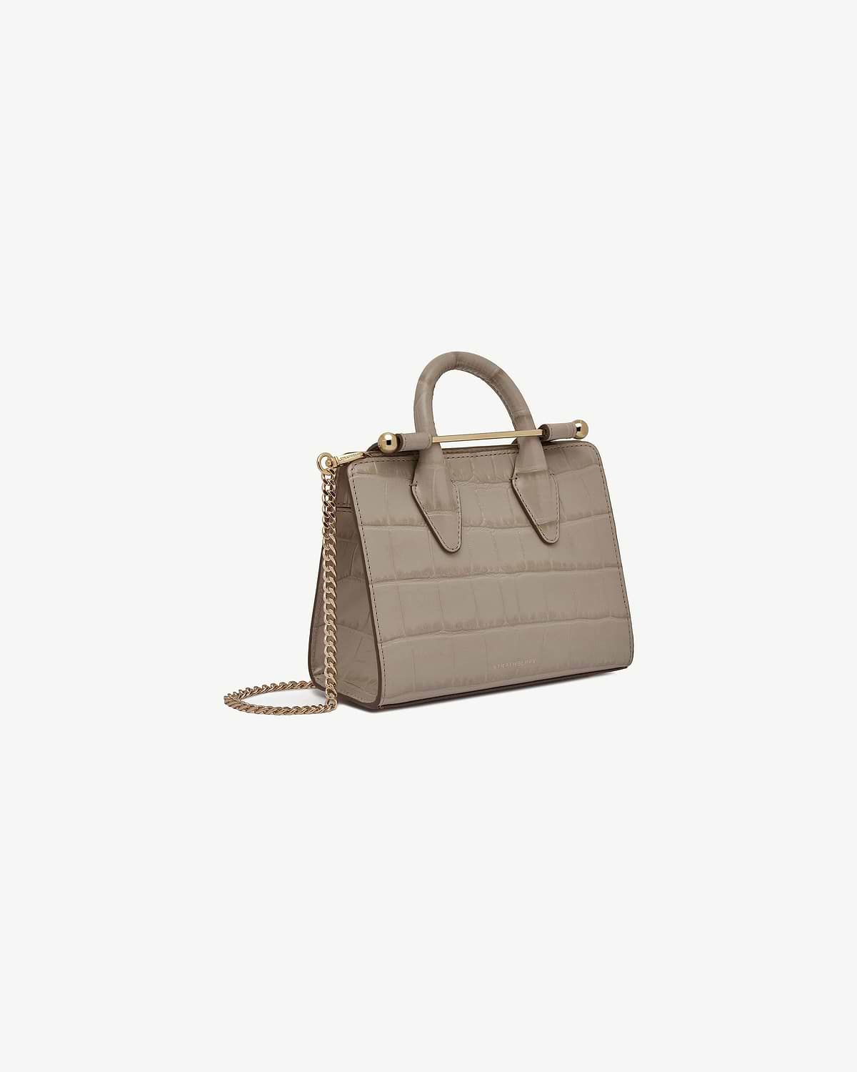 Strathberry croc-embossed nano tote with gold top bar, handles and chain.
