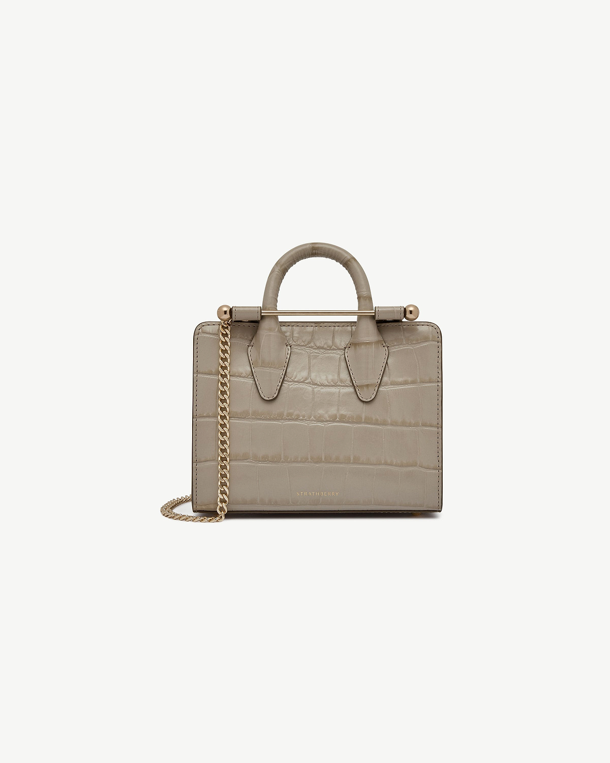 Strathberry nano tote in croc leather with gold chain strap.
