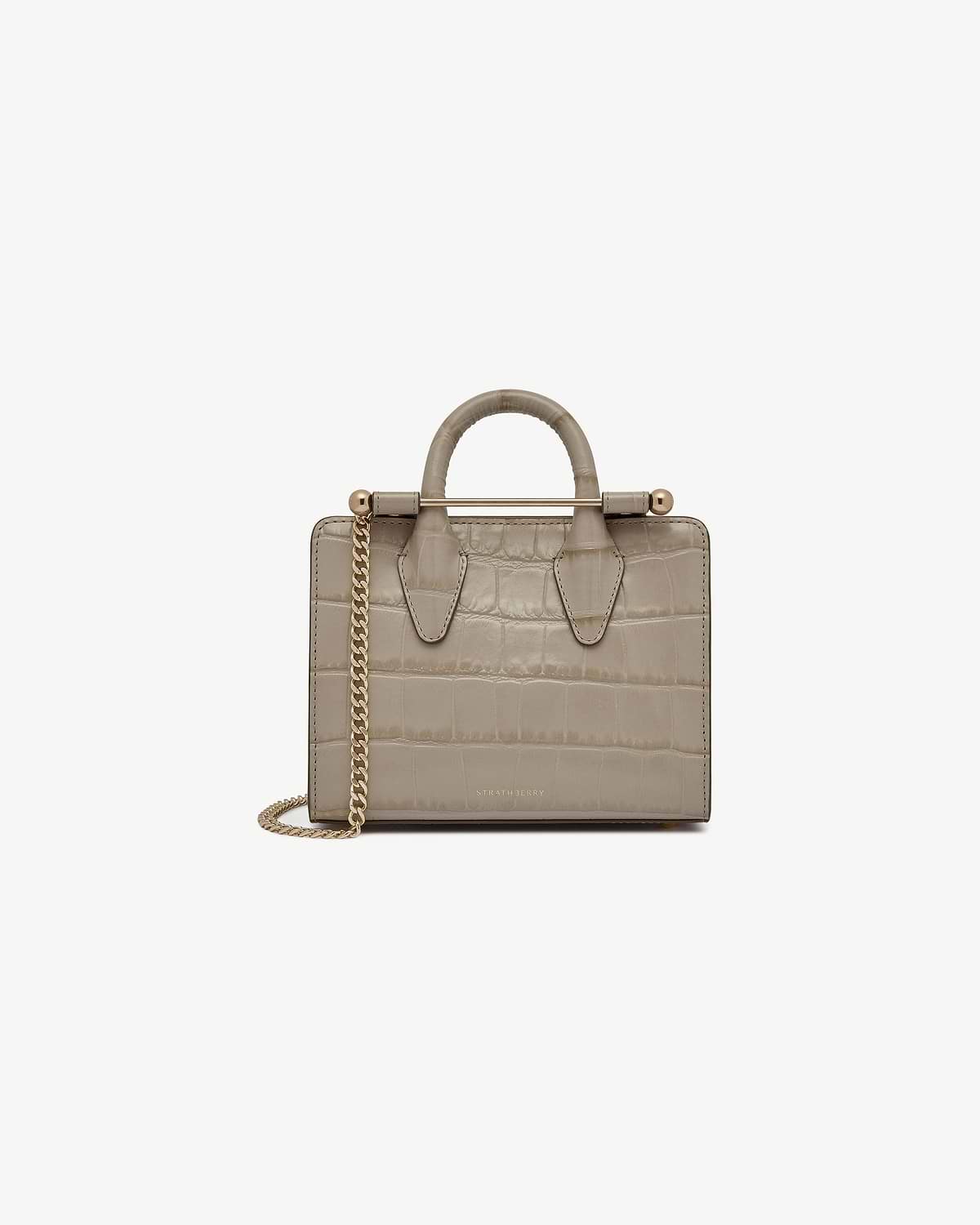 Strathberry nano tote in croc leather with gold chain strap.
