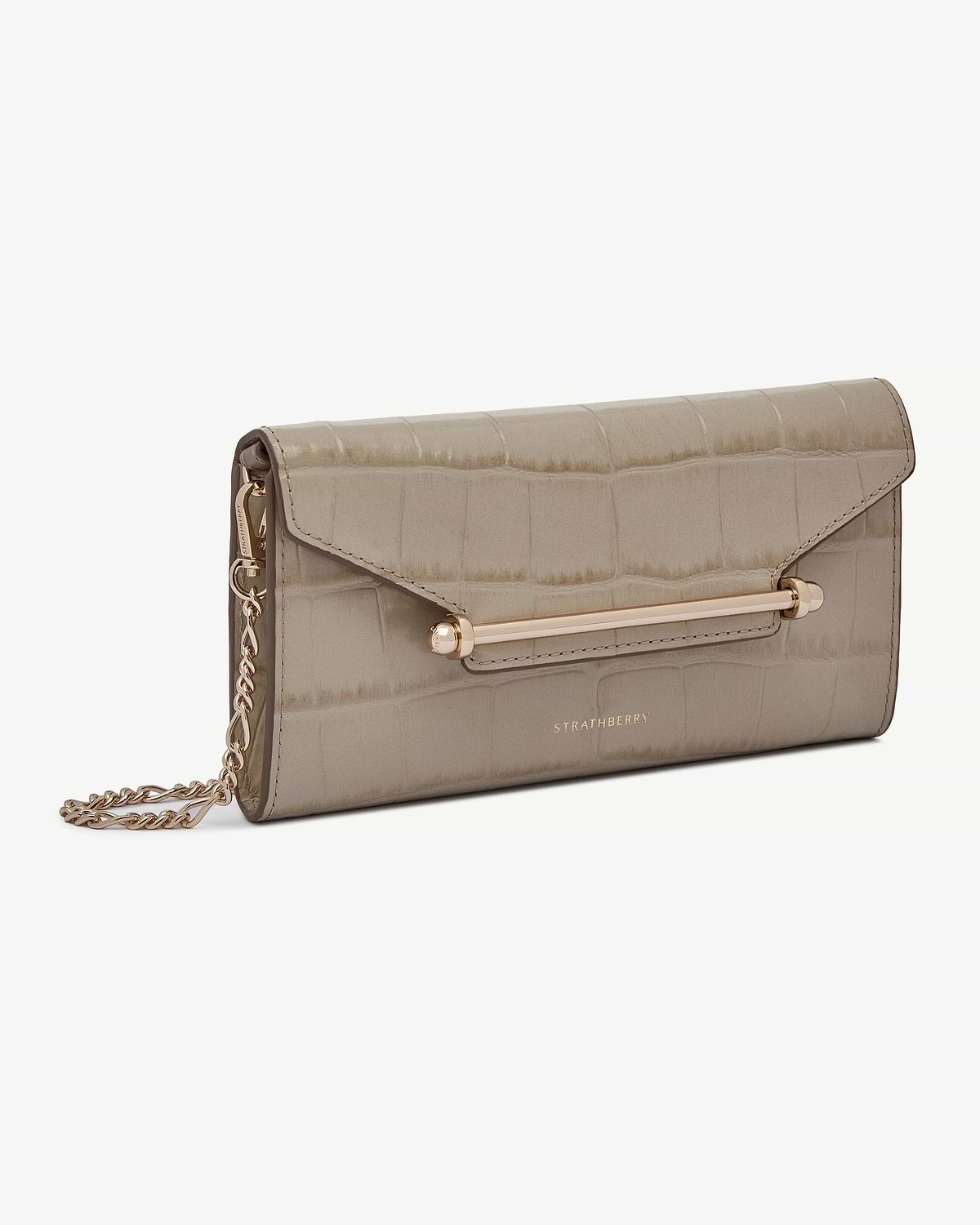 Croc-effect Multrees chain wallet with gold bar and Strathberry logo.