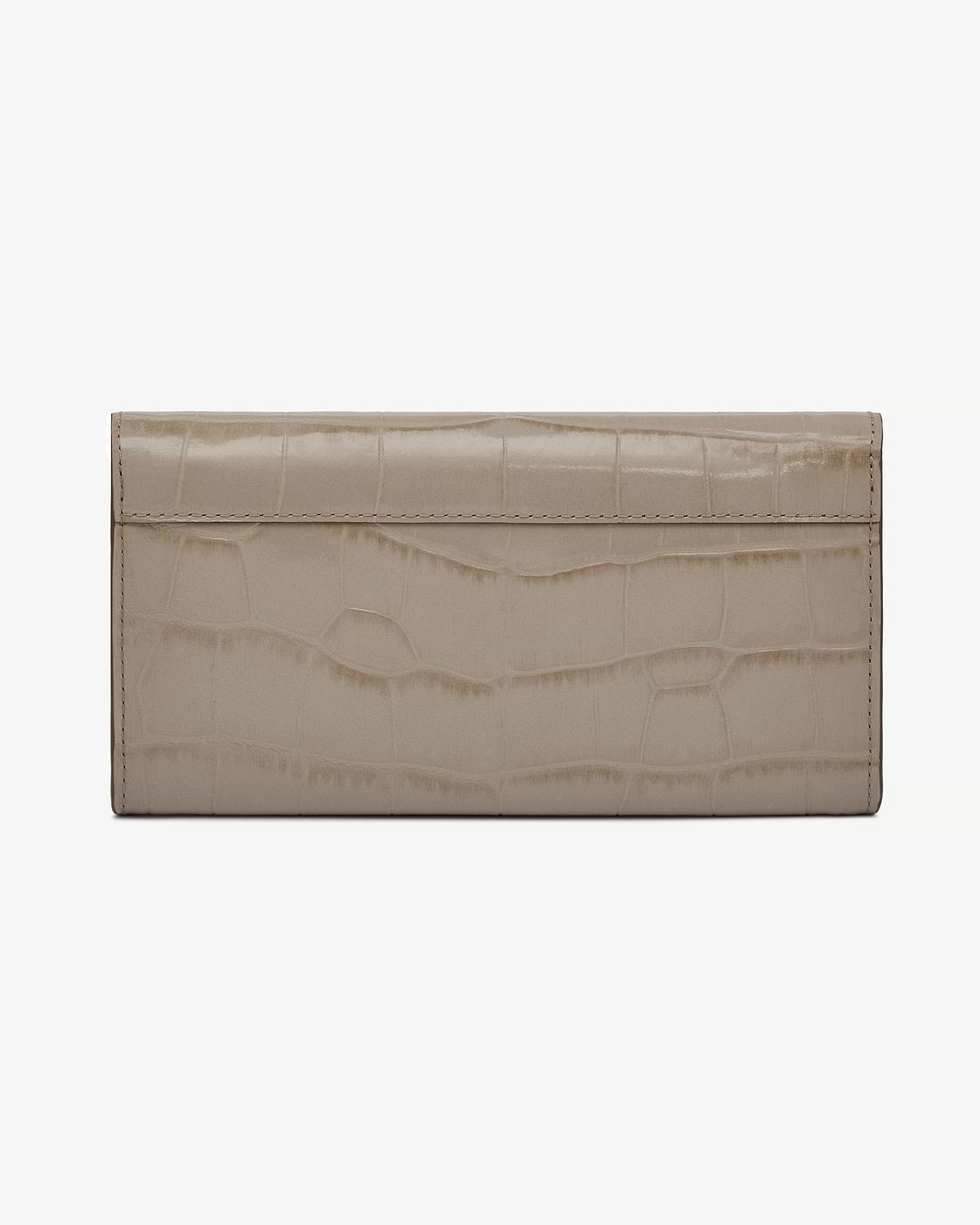 Beige croc-embossed leather wallet with folded top and visible stitching.