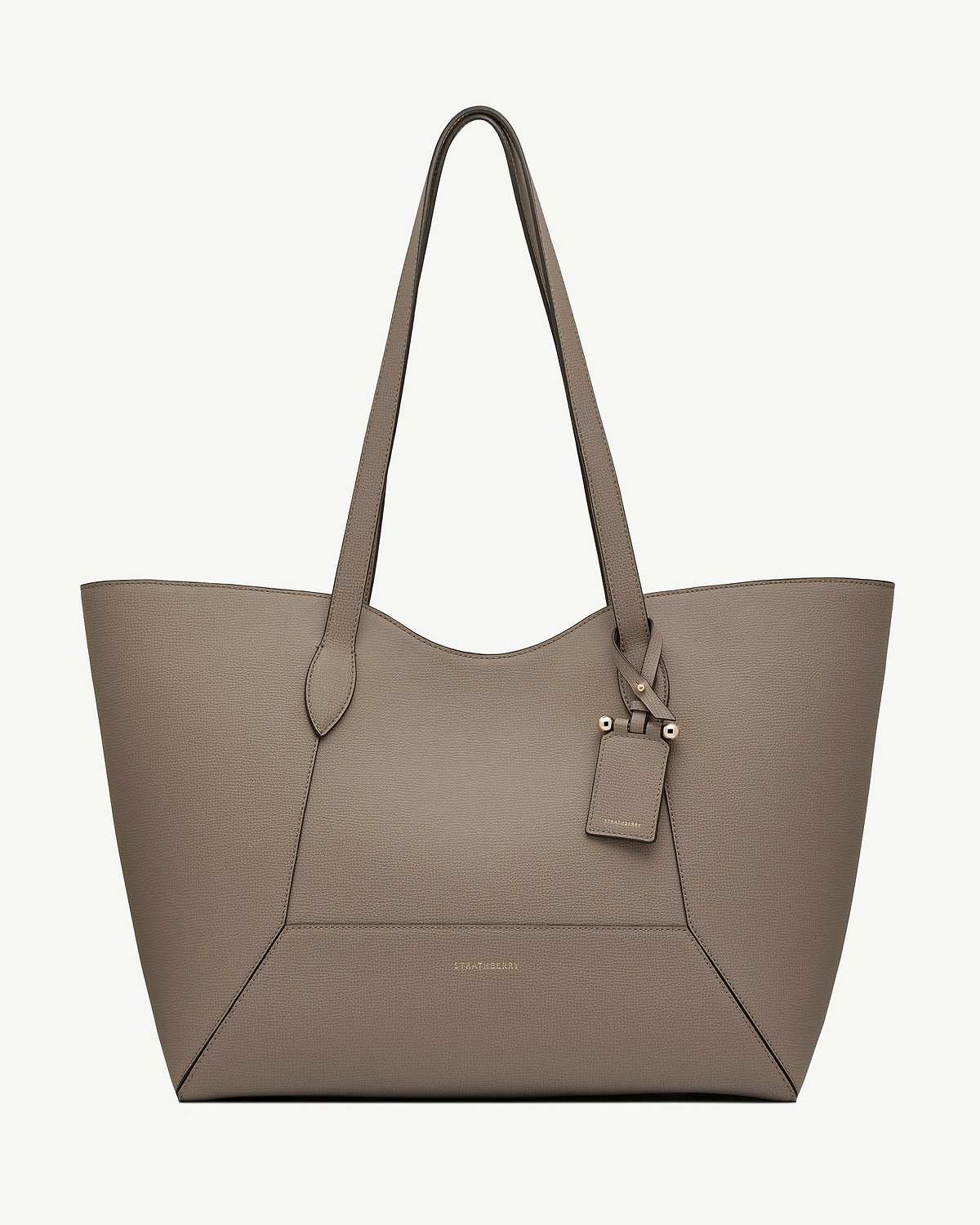 Taupe Strathberry Mosaic Cabas tote with long handles and front luggage tag