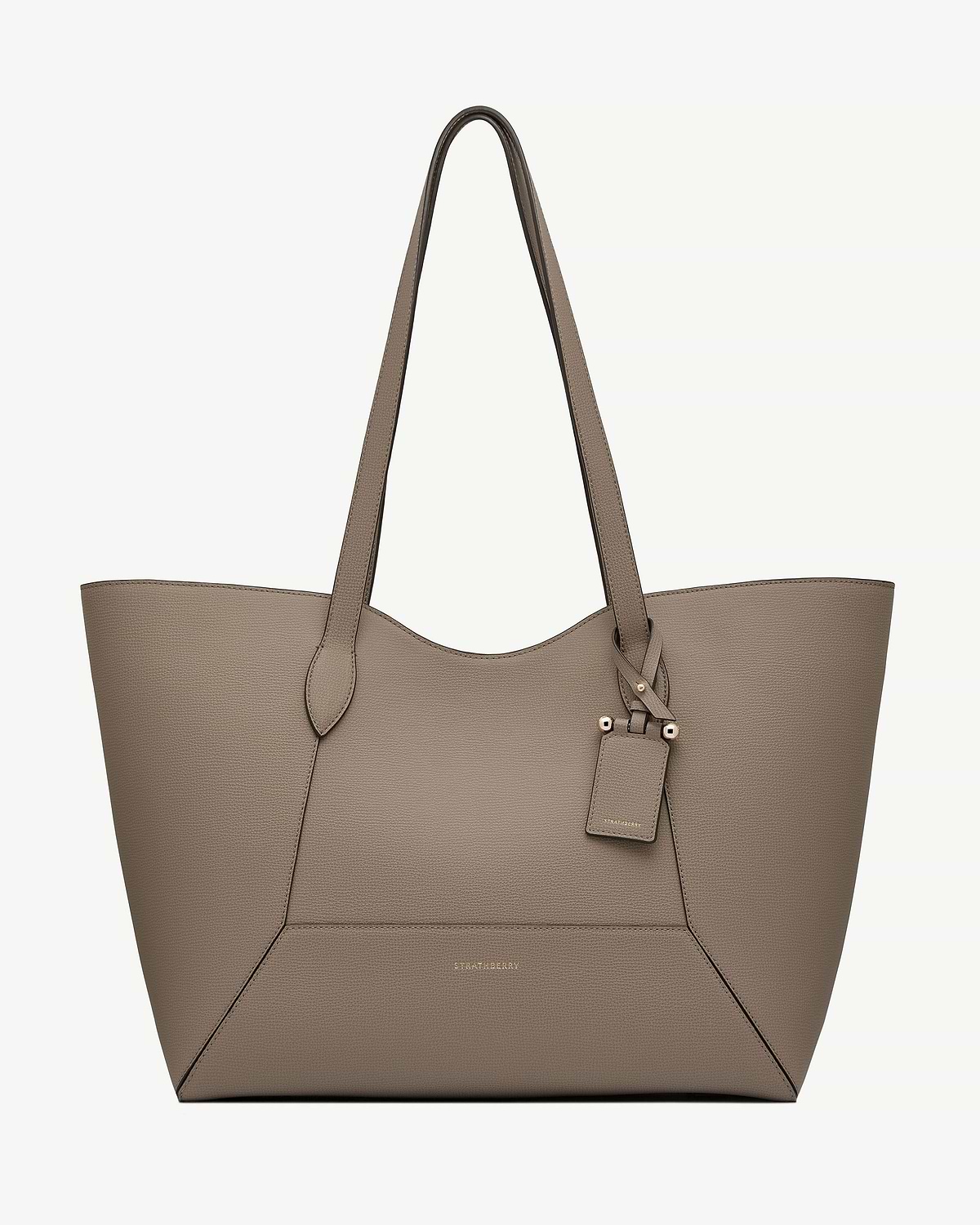 Taupe Strathberry Mosaic Cabas tote with long handles and front luggage tag