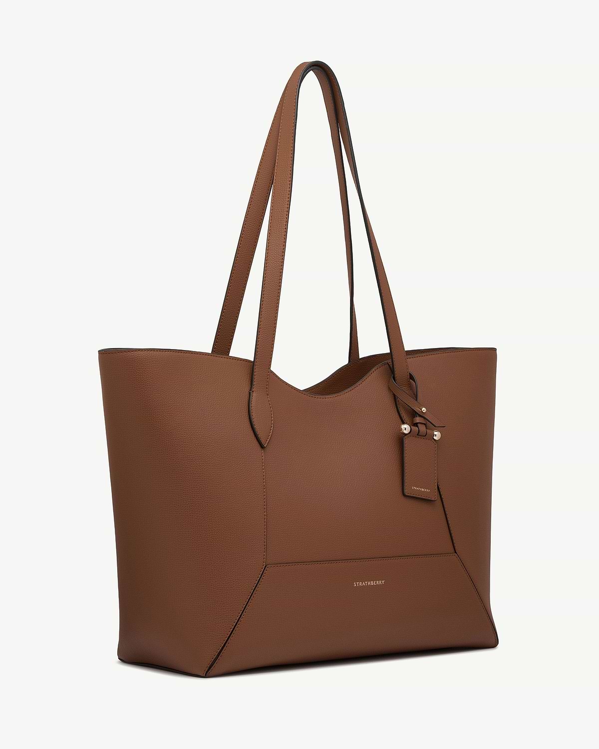 Hazelnut Mosaic Cabas leather tote with long handles and Strathberry logo.