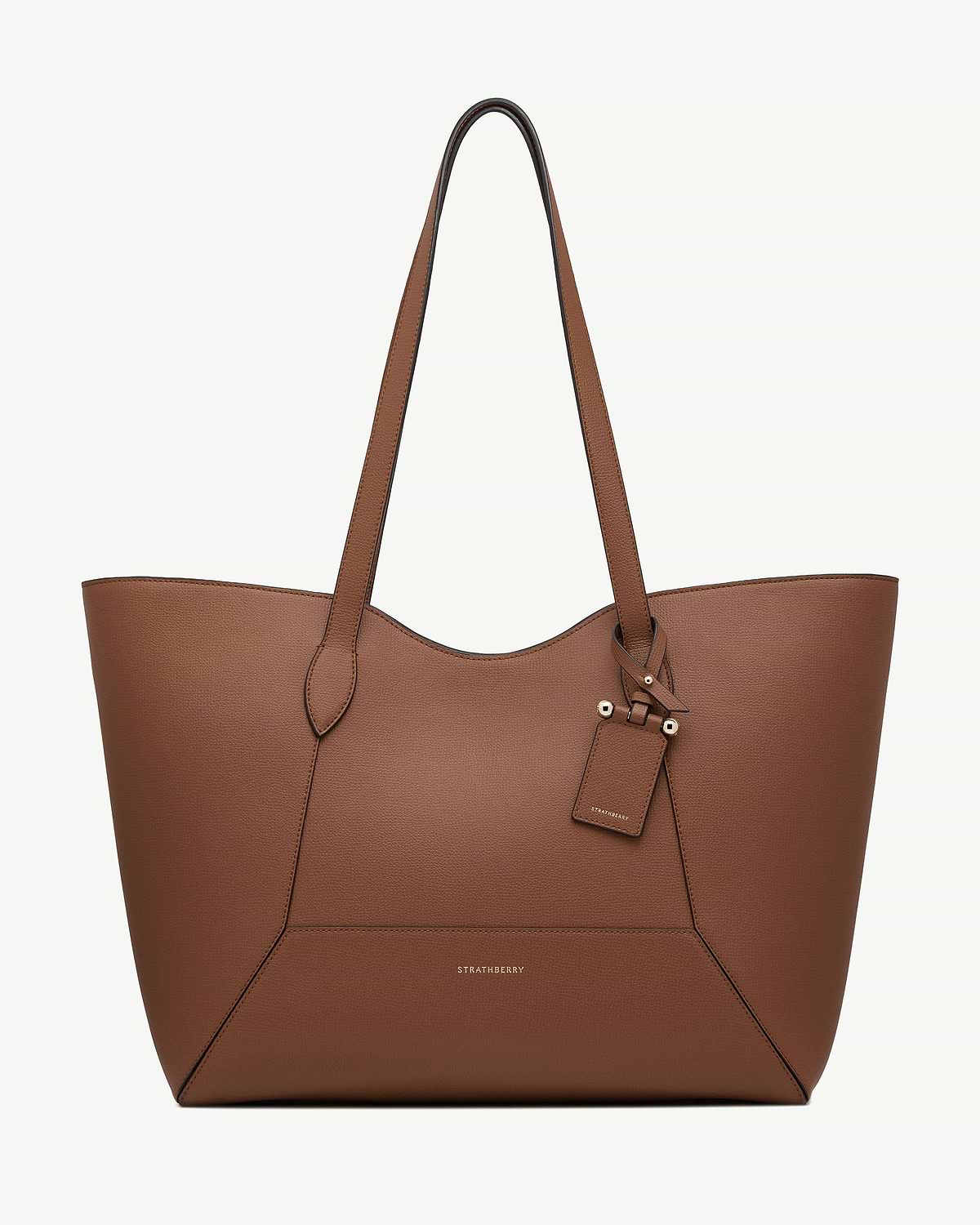 Strathberry Mosaic Cabas hazelnut leather tote with long handles, leather tag and gold studs.