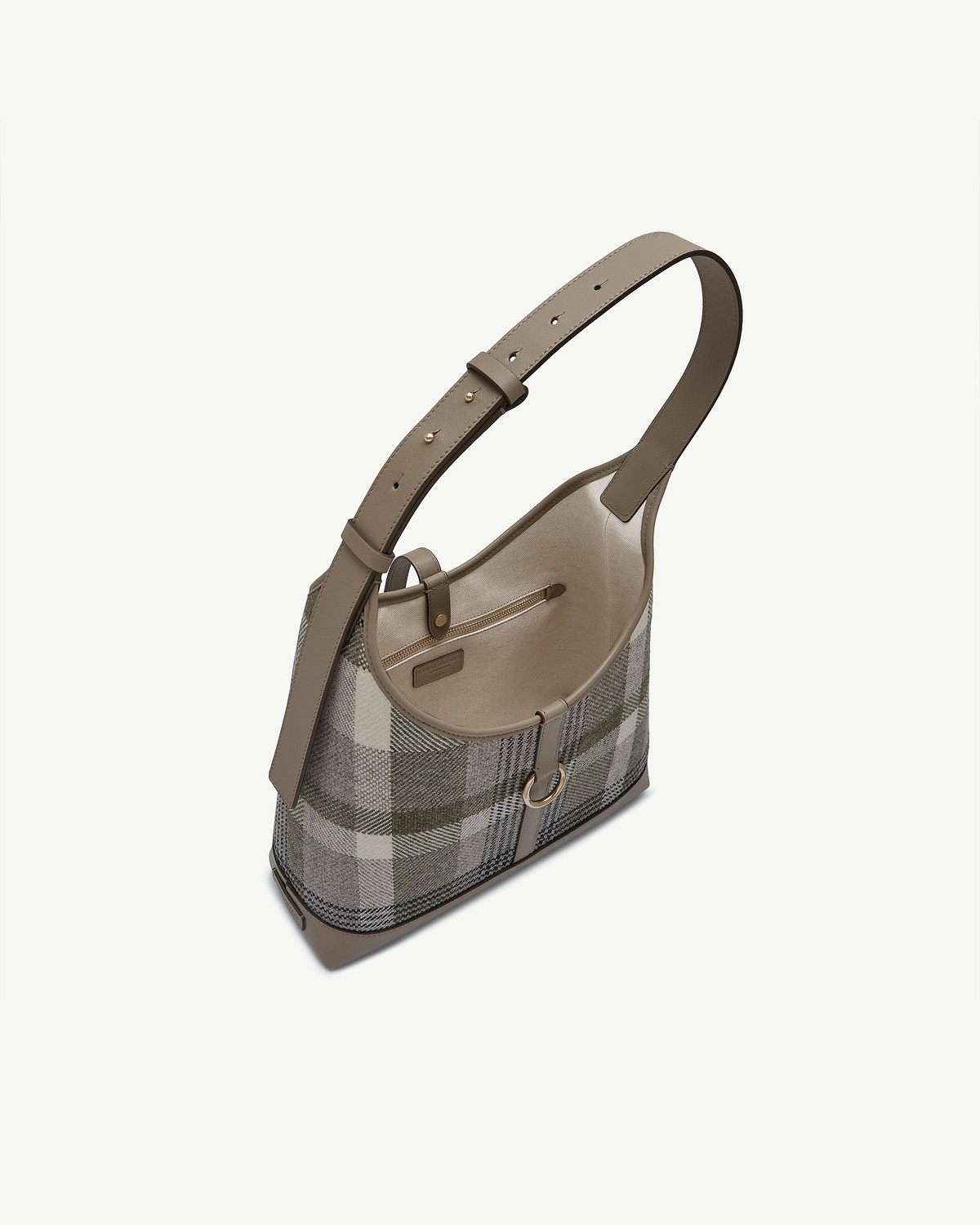 Tartan taupe Kite Hobo bag with adjustable leather strap and interior zip pocket.