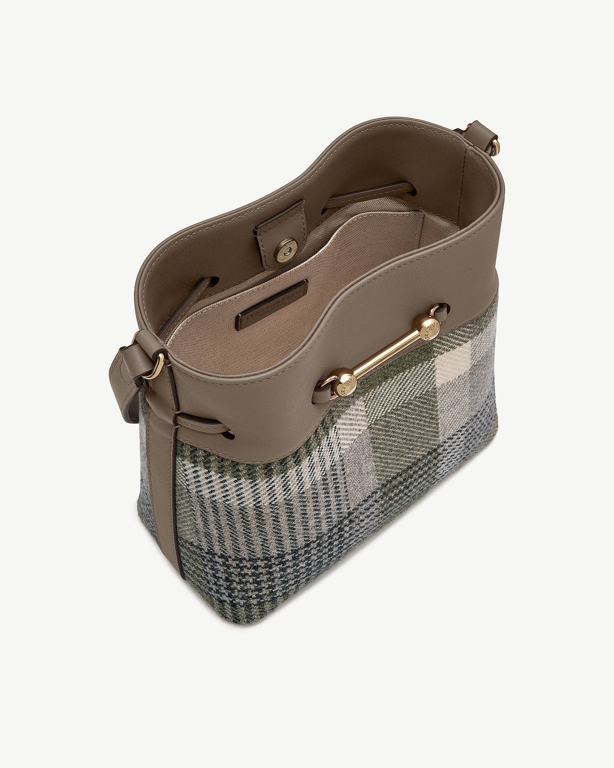 Strathberry Corda bucket bag in tartan wool with taupe leather trim.