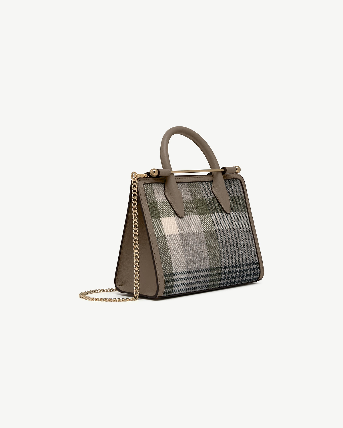 Mini tote with taupe leather trim, green tartan panels and gold chain strap.