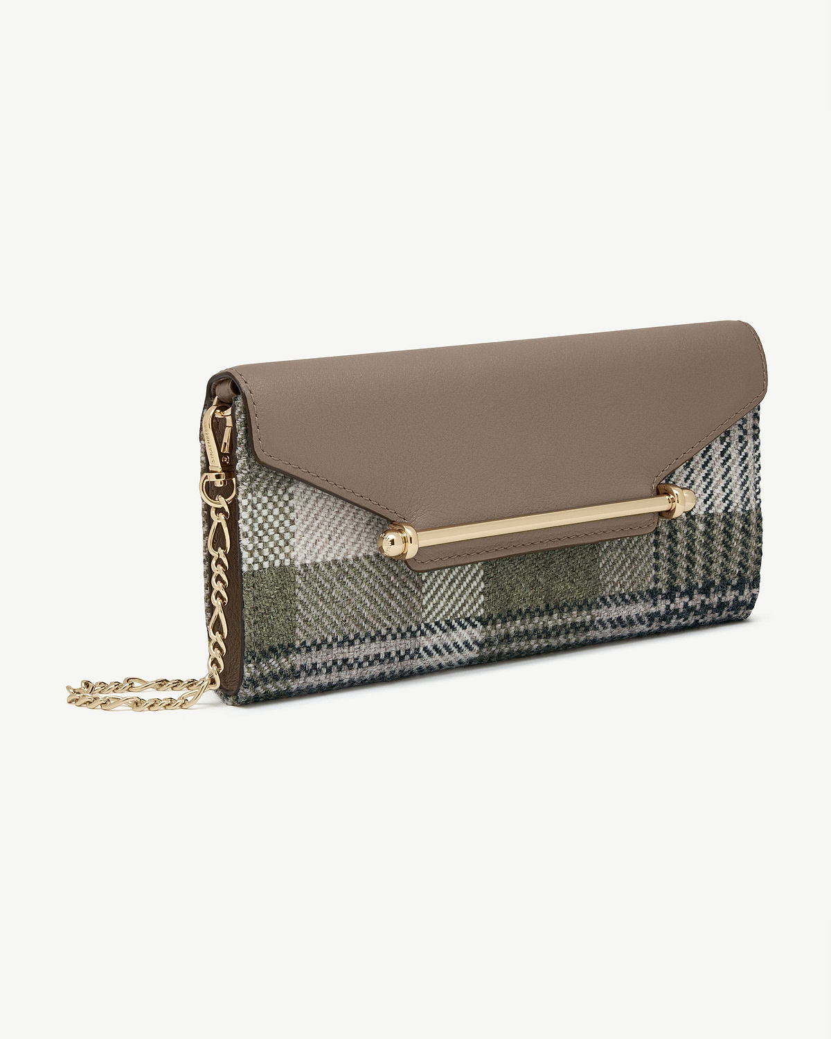 Chain wallet with taupe leather flap, tartan fabric body, gold bar and chain.