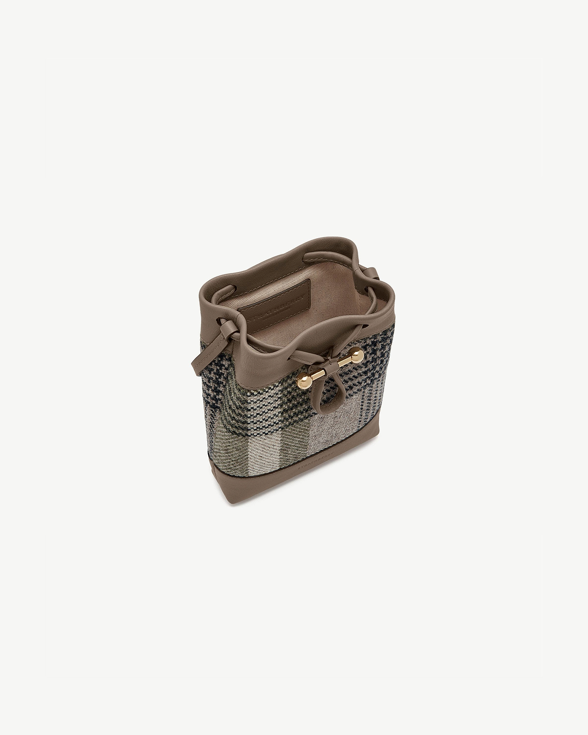 Top view of Strathberry Osette midi pouch in tartan taupe with gold hardware.