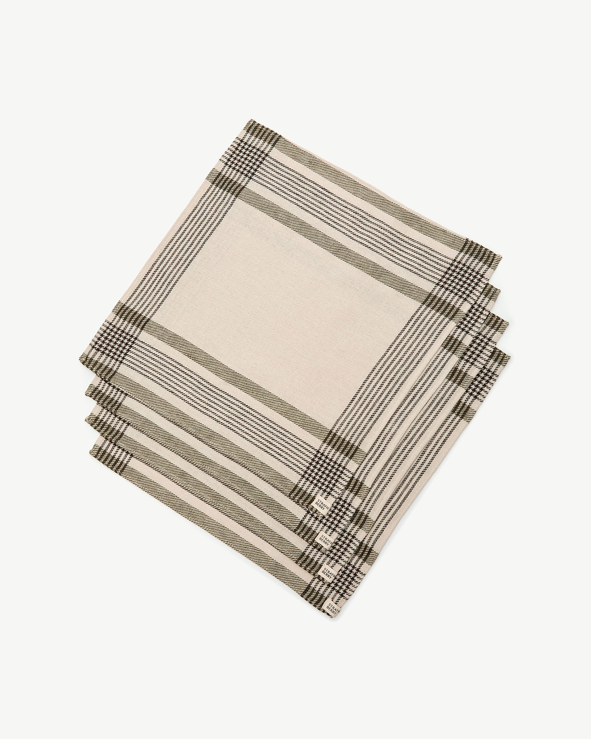Stacked Strathberry tartan cotton-linen napkins in beige and olive check.