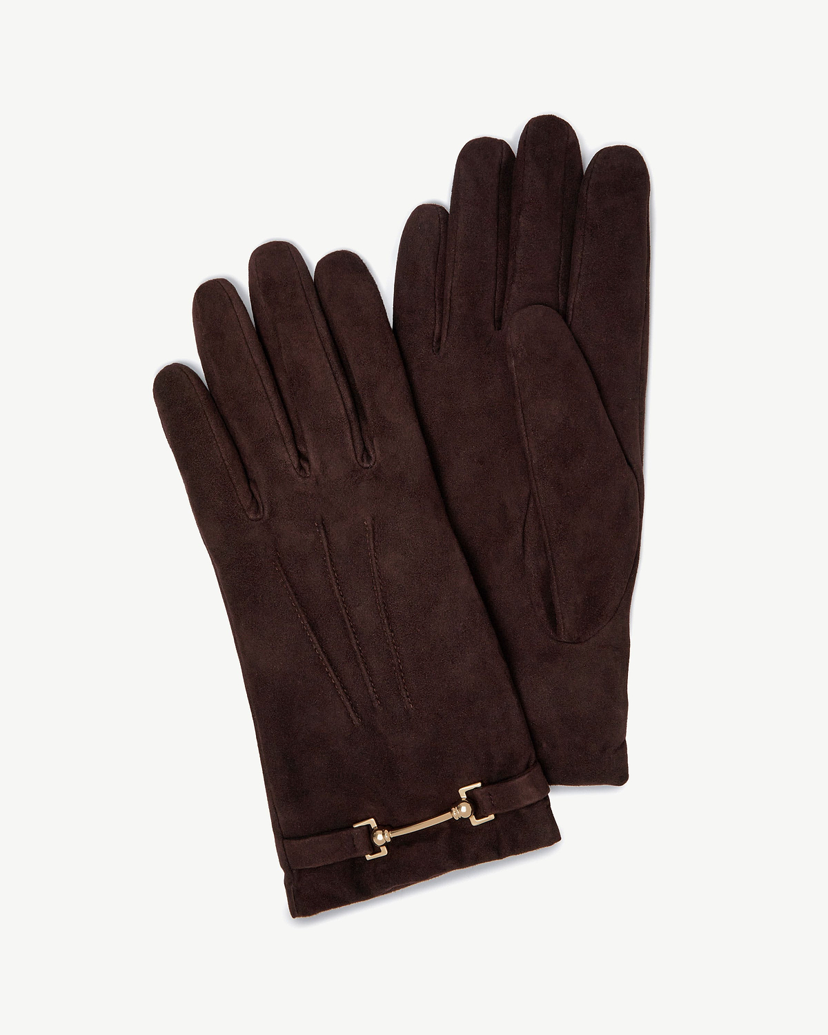 Pair of chocolate suede gloves with decorative gold horsebit buckle detail.