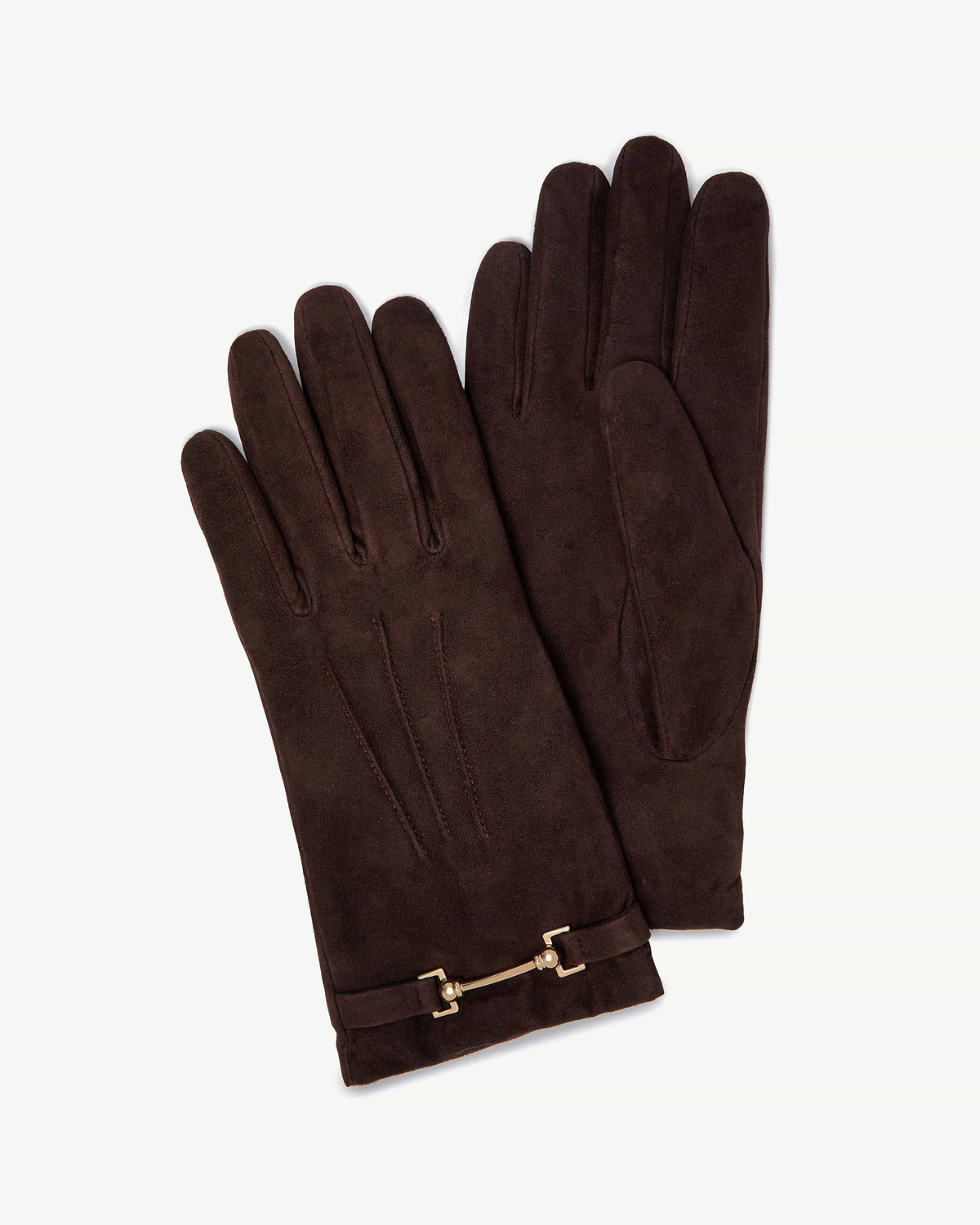 Pair of chocolate suede gloves with decorative gold horsebit buckle detail.