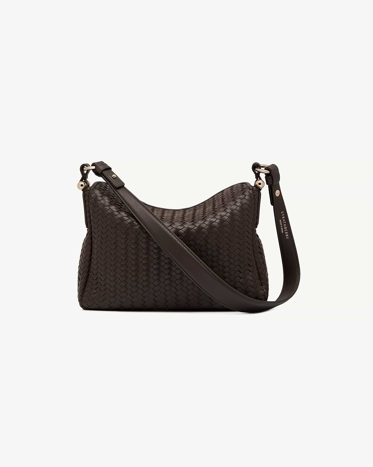 Strathberry Sway hobo bag in chocolate woven leather with adjustable shoulder strap