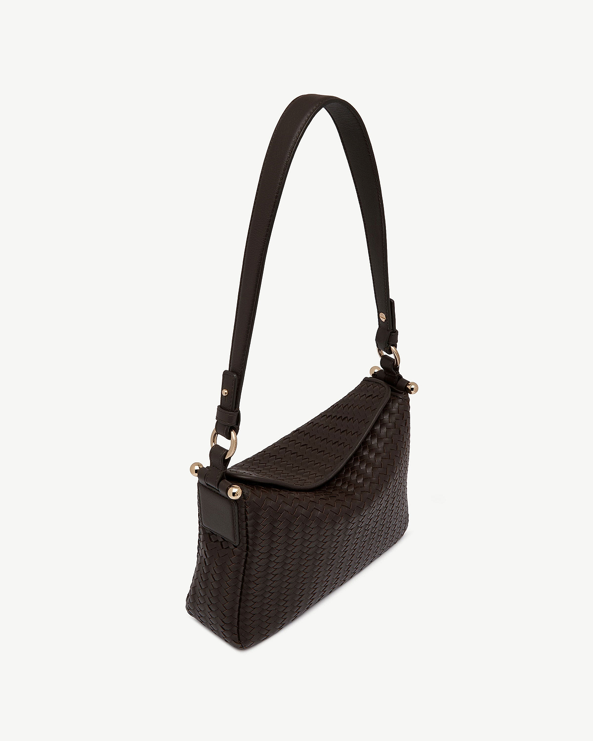 Sway shoulder bag in chocolate woven leather with gold hardware.