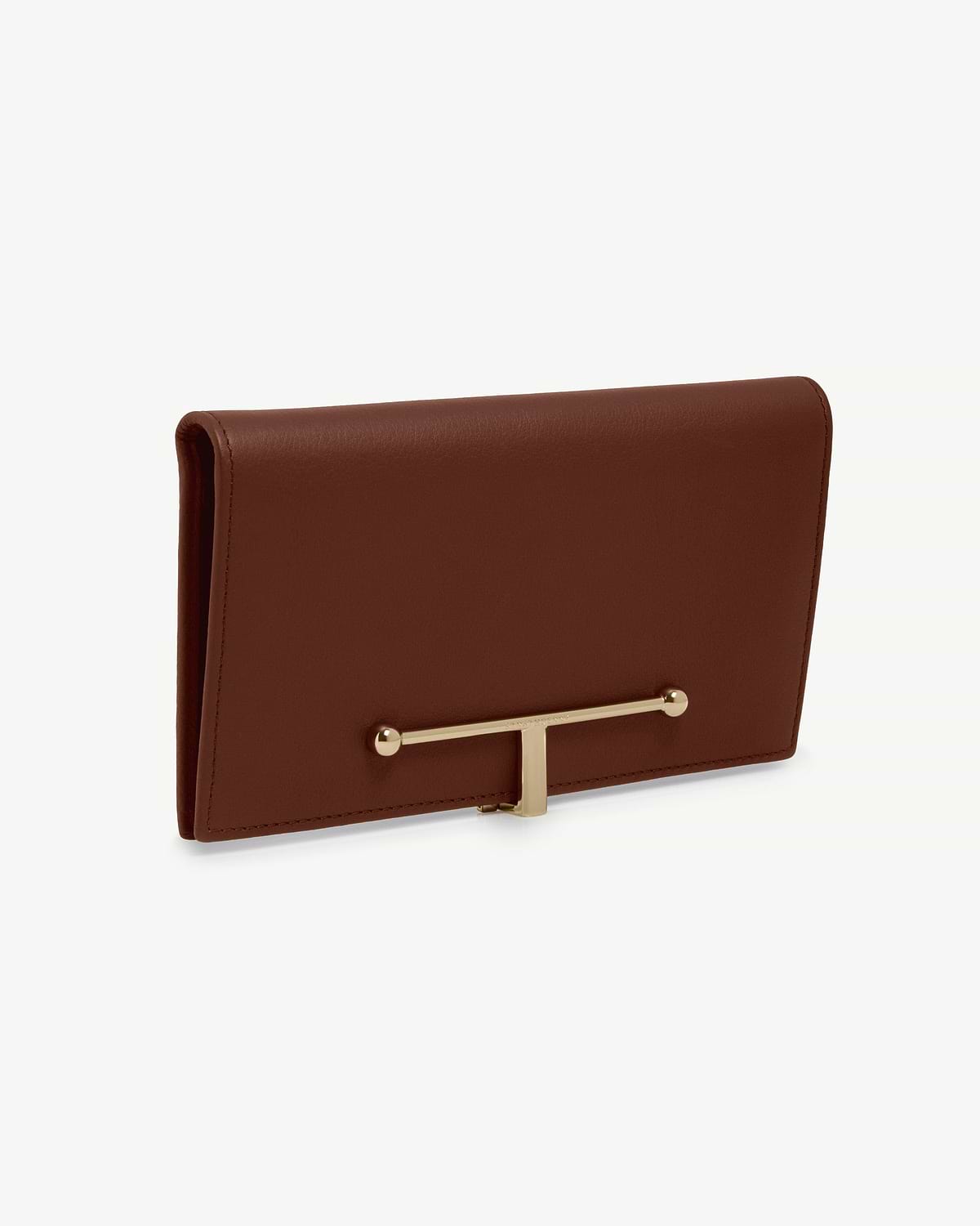Large walnut leather wallet with gold T-bar fastening on front.