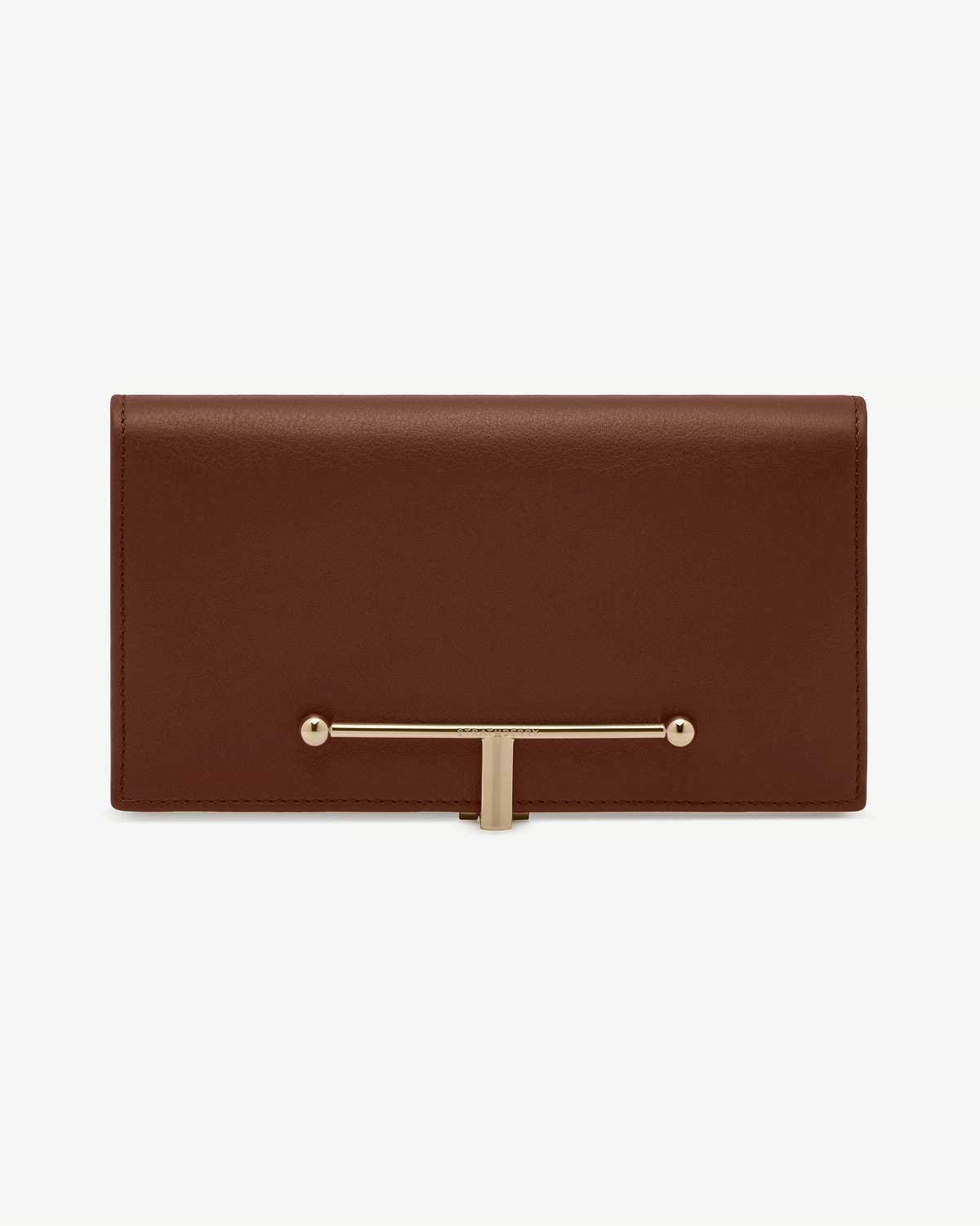 Walnut leather large Melville Street wallet with gold T-bar clasp.