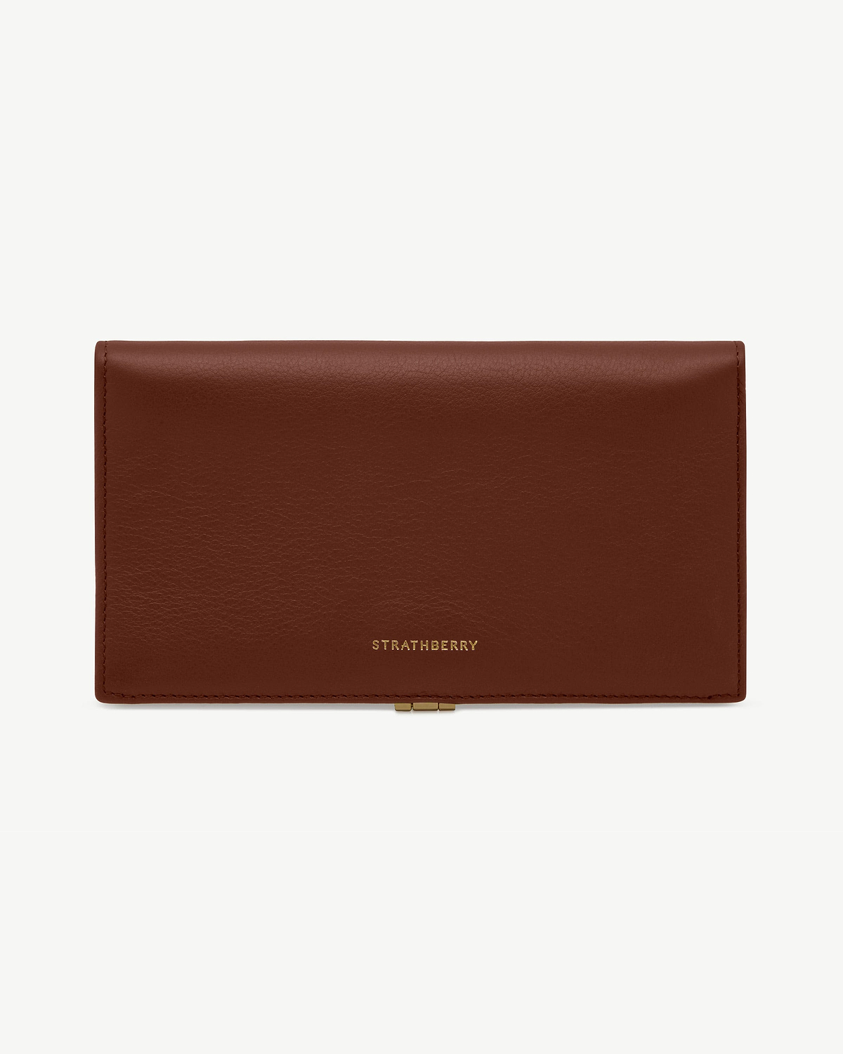 Large Melville Street wallet in walnut leather with fold-over flap and gold Strathberry logo.