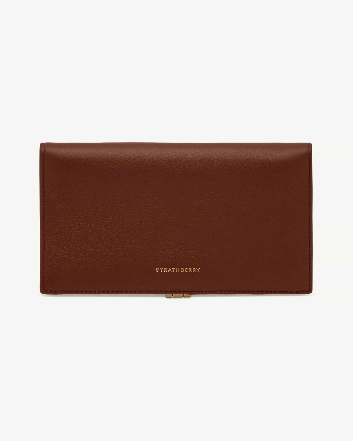 Large Melville Street wallet in walnut leather with fold-over flap and gold Strathberry logo.