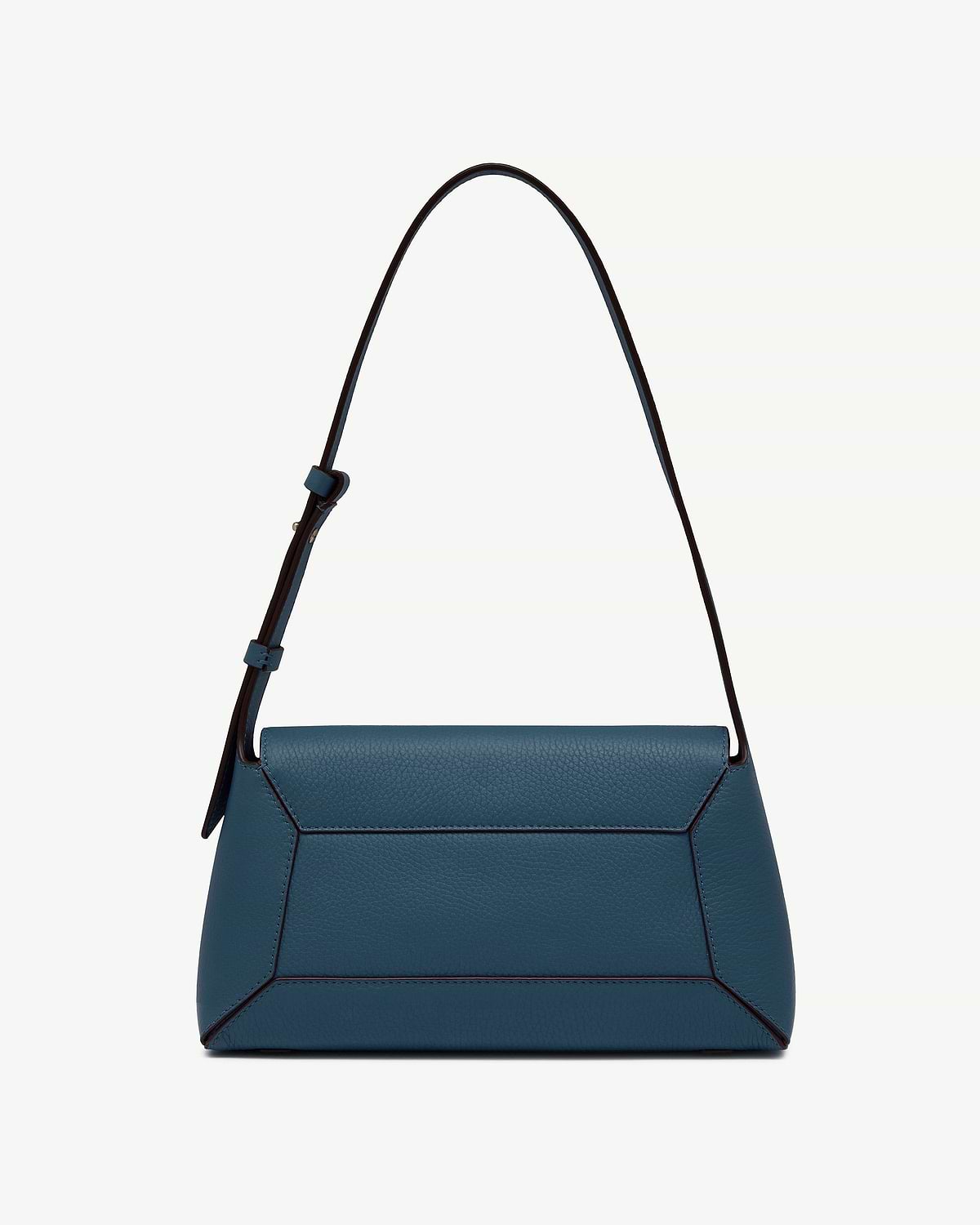 Loch blue leather shoulder bag with adjustable strap and geometric stitched panels.