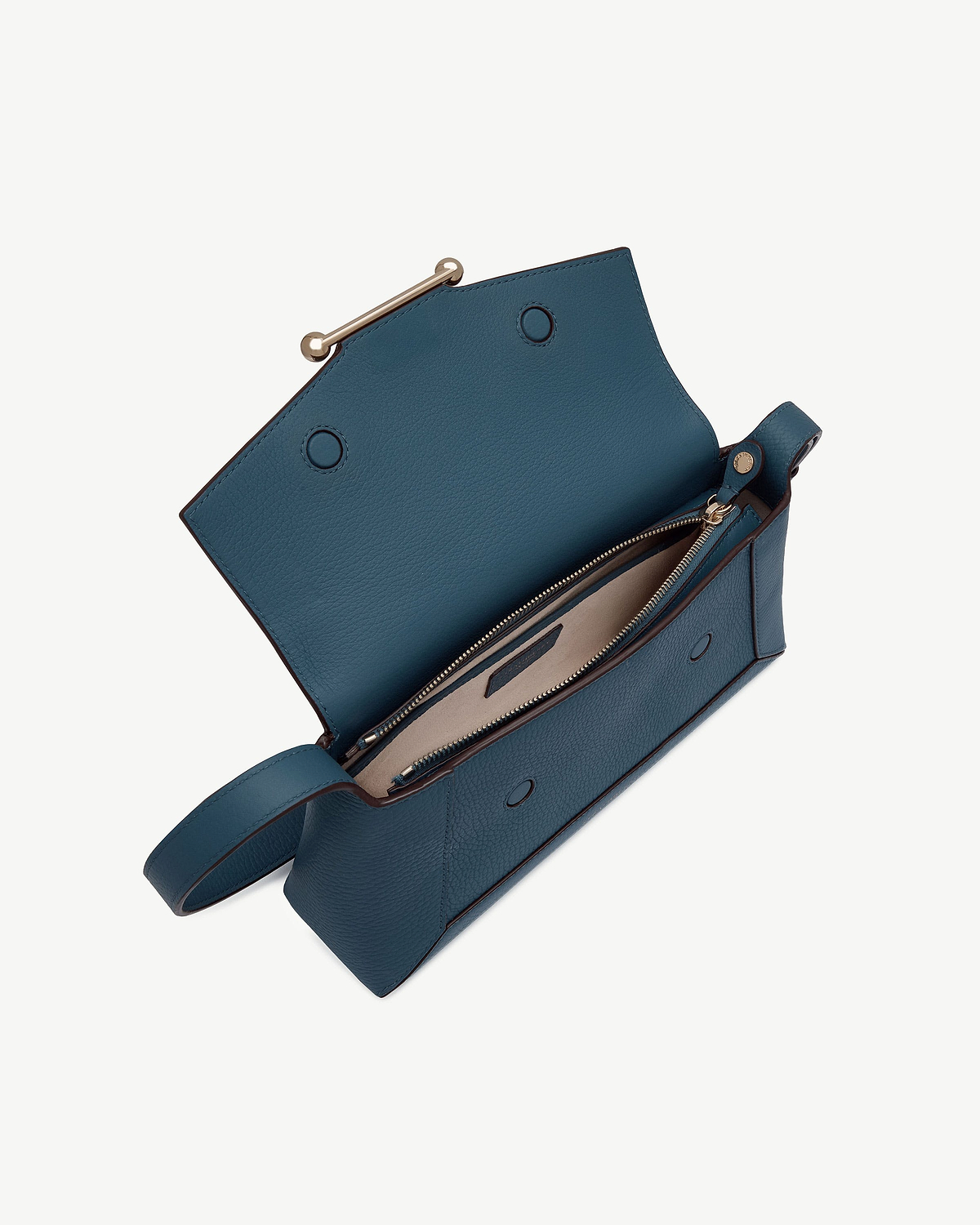 Loch blue shoulder bag opened to show zip compartment and interior pockets.