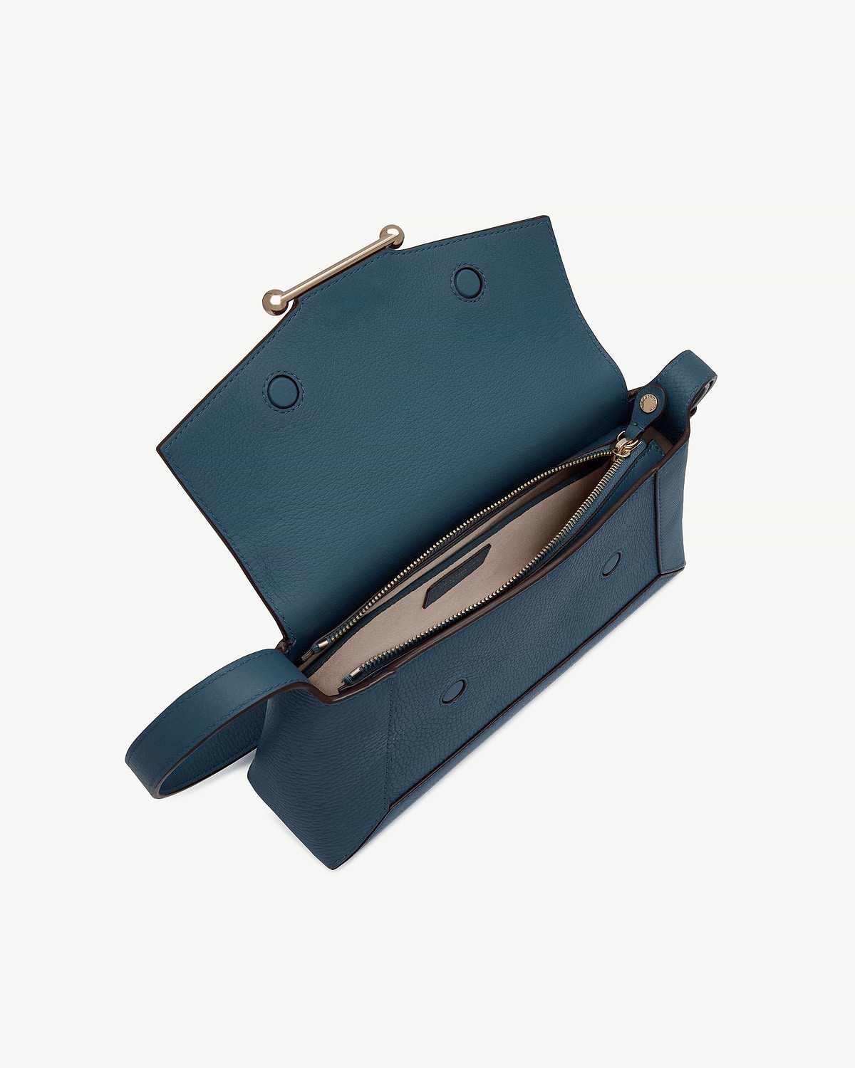 Loch blue shoulder bag opened to show zip compartment and interior pockets.