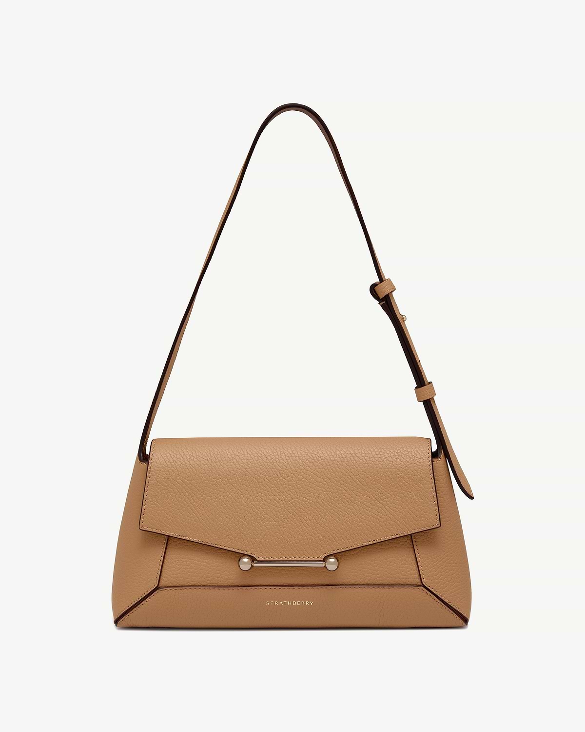 Strathberry mosaic shoulder bag in caramel pebbled leather with gold bar clasp and adjustable strap